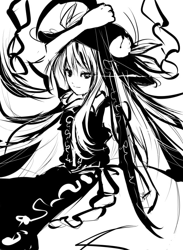 tomasu, tsurukame, hinanawi tenshi, touhou, 1girl, female focus, greyscale, hat, long hair, monochrome, solo