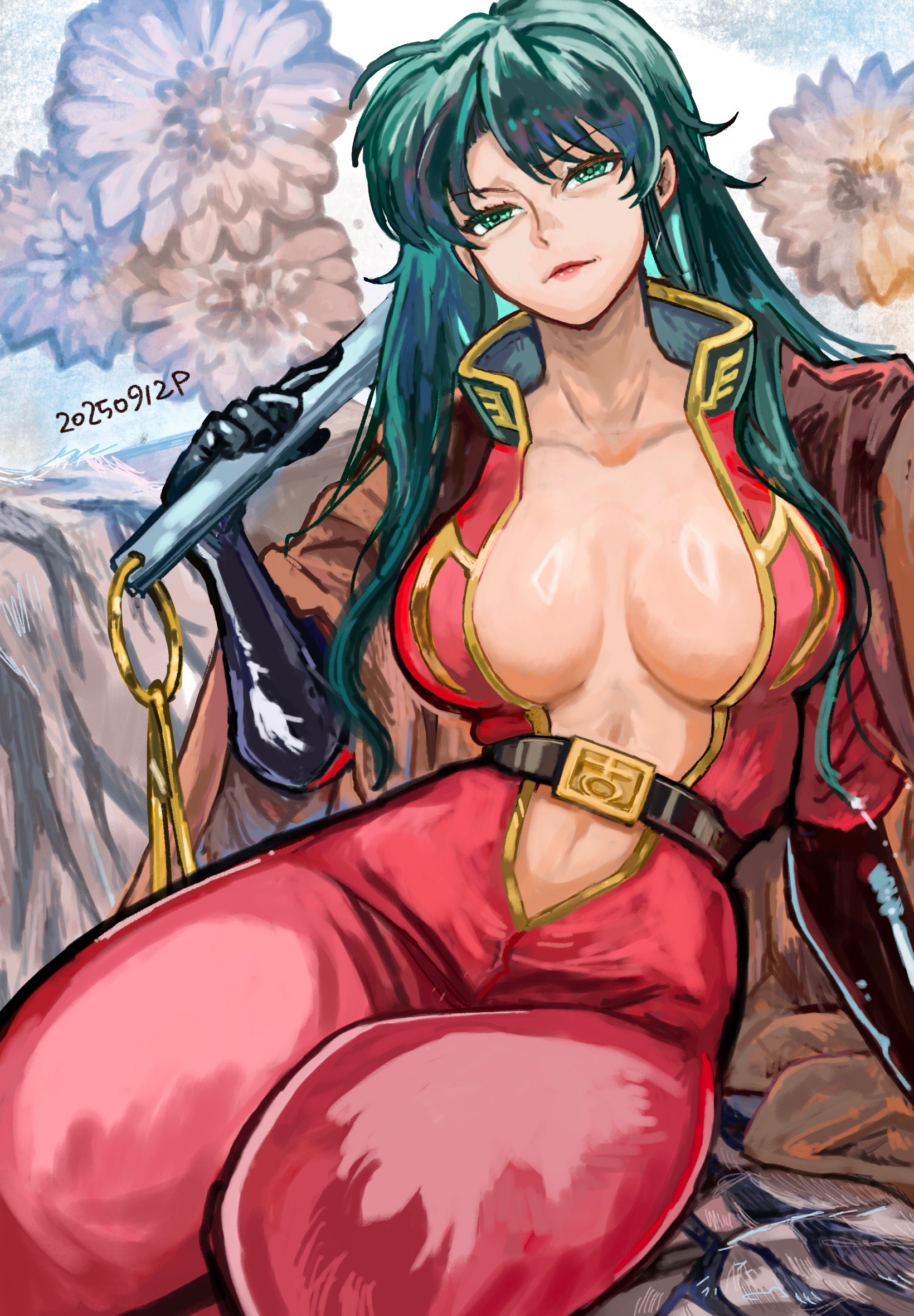 okrdisk2000, cima garahau, gundam, gundam 0083, commentary, highres, 1girl, belt, breasts, dated, gloves, green eyes, green hair, holding, large breasts, lipstick, long hair, looking at viewer, makeup, military, military uniform, smile, solo, unzipped, zeon
