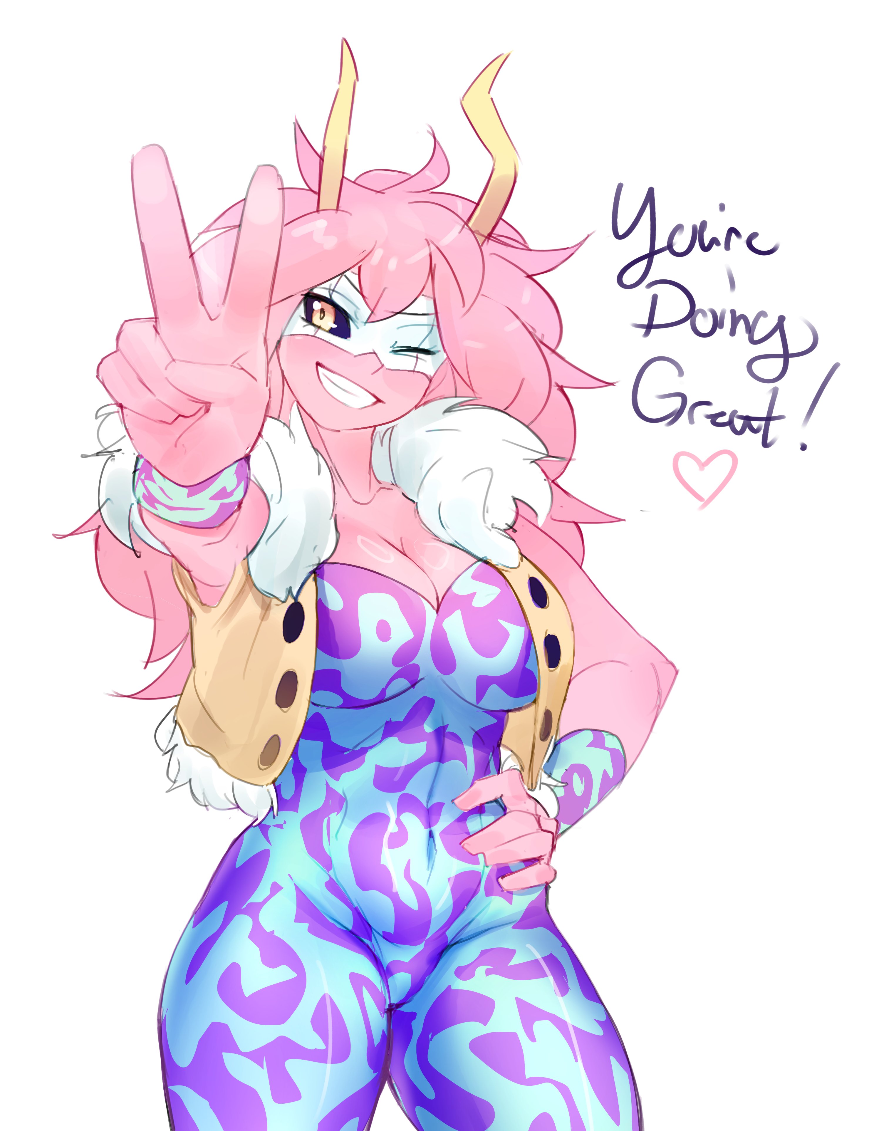 hhholic, ashido mina, boku no hero academia, absurdres, commentary, english commentary, highres, 1girl, black sclera, breasts, cleavage, colored sclera, colored skin, covered navel, cropped jacket, english text, fur-trimmed jacket, fur trim, grin, hand on own hip, heart, horns, jacket, large breasts, long hair, looking at viewer, one eye closed, pink hair, pink skin, simple background, smile, solo, v, white background, white mask, yellow eyes