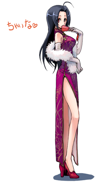 murai shinobu, miura azusa, idolmaster, idolmaster (classic), idolmaster 1, 00s, black hair, china dress, chinese clothes, dress, elbow gloves, gloves, high heels, legs, long hair, shoes, side slit, solo