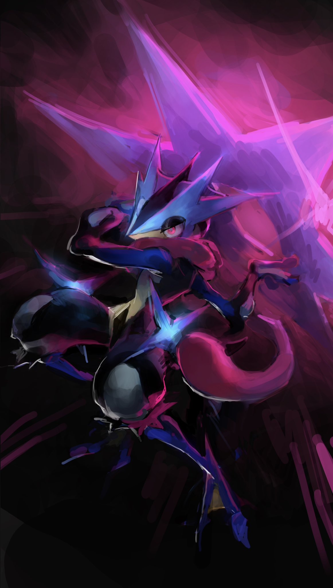 greninja, mega greninja, nintendo, pokemon, pokemon legends: z-a, commentary, english commentary, highres, arms up, blue skin, colored skin, covered mouth, firstsun d, full body, gen 6 pokemon, mega pokemon, pokemon (creature), pokemon focus, red eyes, sanpaku, scarf, shuriken, tongue, weapon