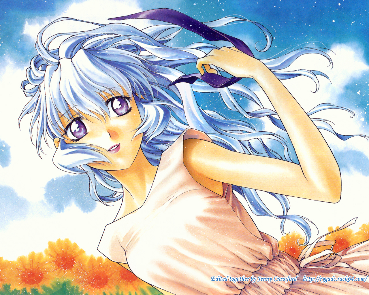 tateo retsu, teletha testarossa, full metal panic!, silver hair, 00s, 1girl, blue hair, female focus, flower, lipstick, makeup, purple eyes, sky, solo, sunflower, wind