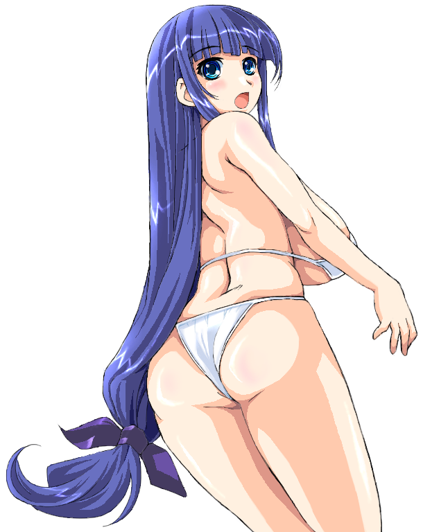 nanashi mushi, fuutou shizune, oshioki sweetie, 1girl, ass, back, bikini, blue eyes, blue hair, blush, breasts, female focus, huge ass, huge breasts, long hair, looking back, matching hair/eyes, sideboob, solo, swimsuit, white bikini