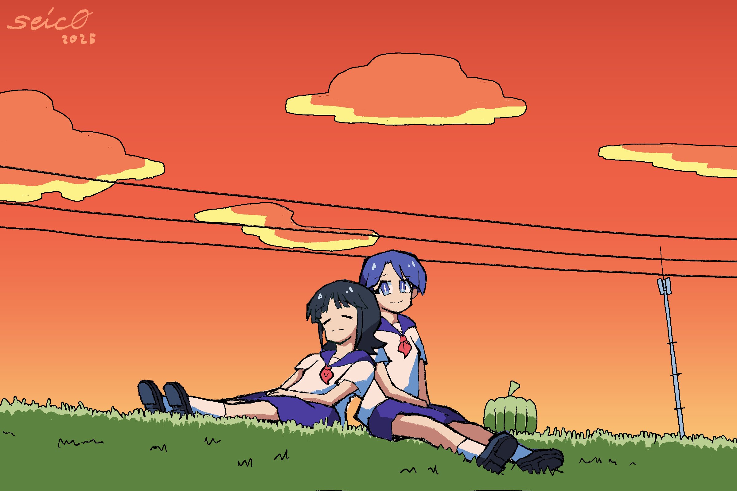 seisyun c0mplex, amakazari eri, makabe matsuri, city (arawi keiichi), highres, 2girls, black hair, black shoes, blue eyes, blue hair, blue skirt, closed eyes, cloud, cloudy sky, grass, multiple girls, power lines, pumpkin, school uniform, shoes, sitting, skirt, sky, sleeping, sleeping on person, smile, socks, sunset, white socks