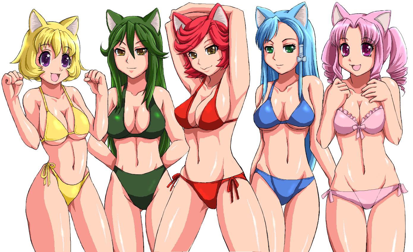 nanashi mushi, bad id, bad pixiv id, 5girls, animal ears, armpits, arms up, bare shoulders, bikini, blonde hair, blue hair, breasts, cat ears, cat girl, cleavage, drill hair, female focus, frills, green eyes, green hair, lace, large breasts, lineup, long hair, medium breasts, midriff, multiple girls, open mouth, pink hair, purple eyes, red hair, short hair, side-tie bikini bottom, smile, swimsuit, take your pick, underboob, yellow eyes
