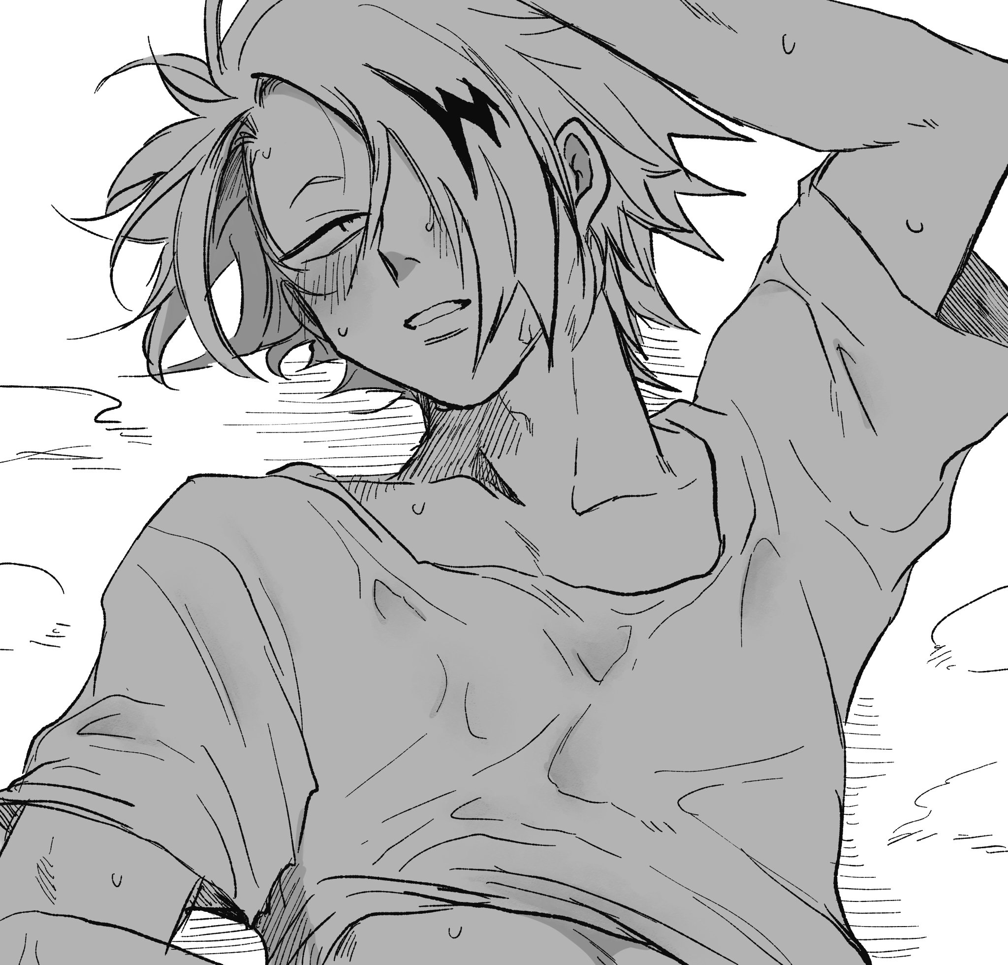 kaminari denki, boku no hero academia, highres, 1boy, blush, clothes lift, collarbone, crew neck, hair behind ear, hair over one eye, looking to the side, male focus, multicolored hair, one eye covered, parted lips, shirt lift, short sleeves, sideways glance, solo, streaked hair, sweat, teeth, upper body, white background, ysksy8989