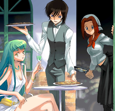 kimura takahiro, c.c., kouzuki kallen, lelouch vi britannia, code geass, lowres, 00s, 1boy, 2girls, food, multiple girls, pizza