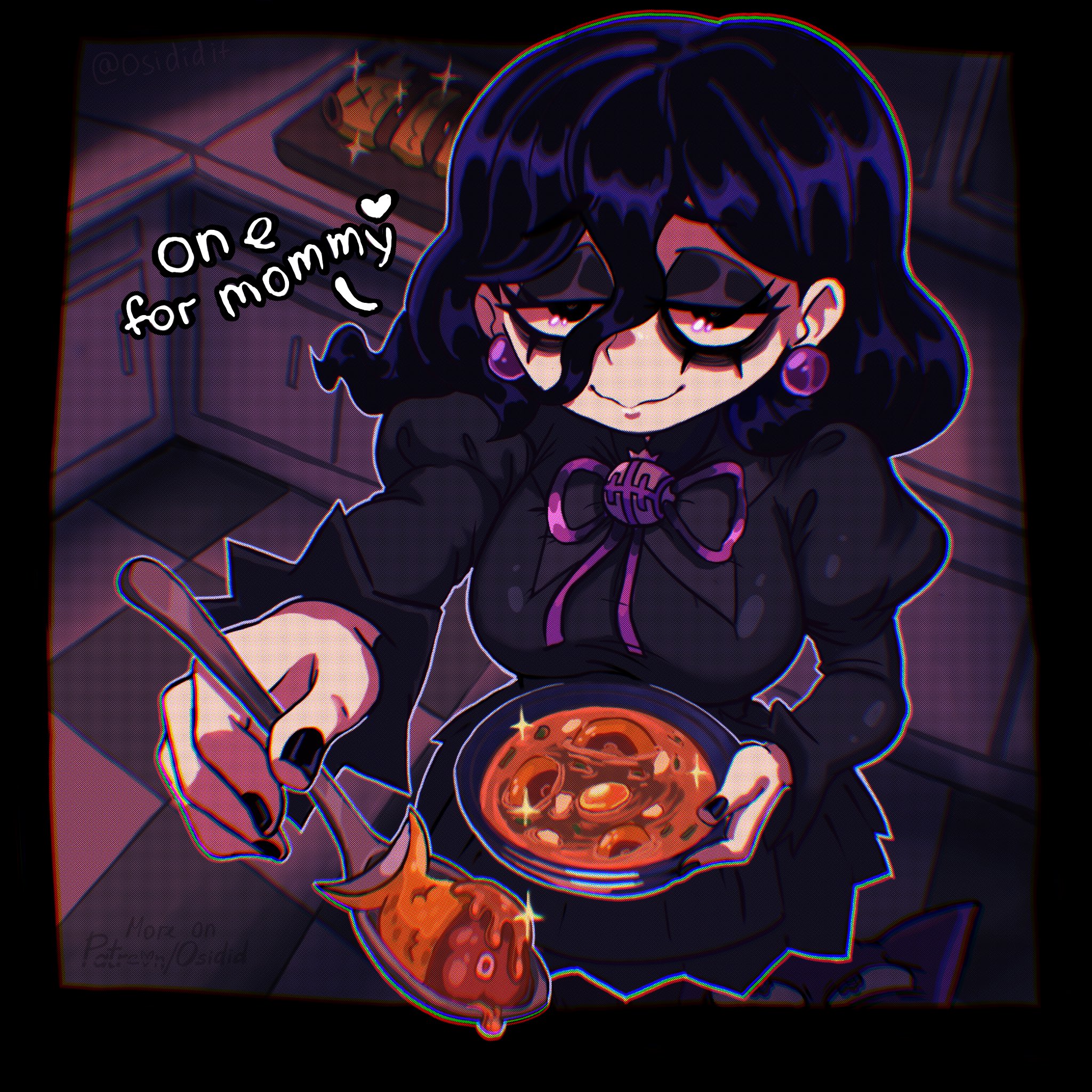 osidid, haunter, hex maniac (pokemon legends: z-a), magikarp, nintendo, pokemon, pokemon legends: z-a, commentary, english commentary, highres, 1girl, black dress, breasts, dress, earrings, english text, fish, gen 1 pokemon, goth fashion, hair between eyes, half-closed eyes, holding, holding spoon, indoors, jewelry, kitchen, large breasts, long hair, looking at another, pokemon (creature), puffy sleeves, purple hair, smile, spoon