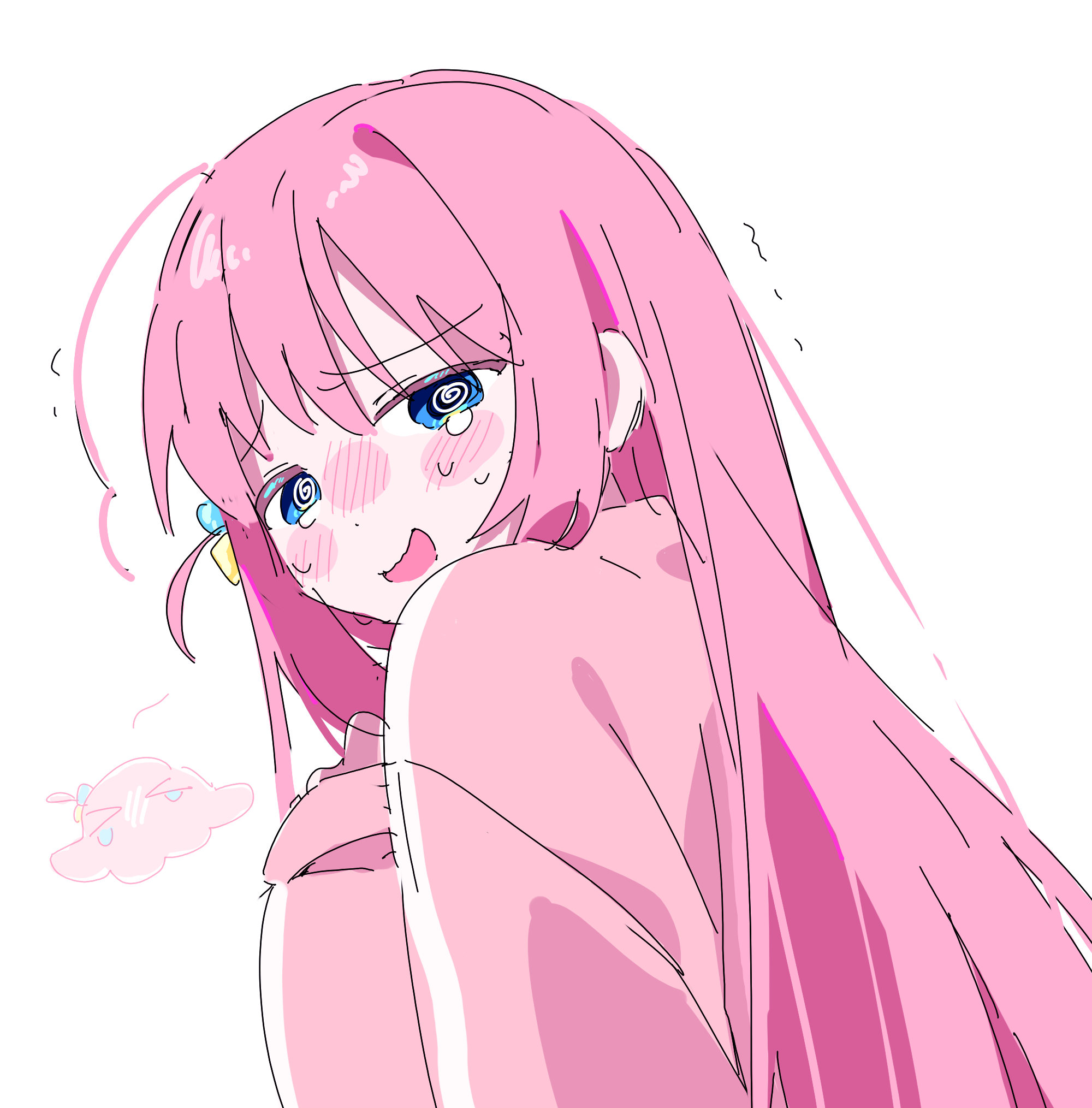 89 (8989 99), gotoh hitori, gotoh hitori (octopus), bocchi the rock!, highres, > <, 1girl, @ @, ahoge, blue eyes, blush, blush stickers, cube hair ornament, fetal position, from behind, hair ornament, jacket, long hair, long sleeves, looking at viewer, looking back, one side up, open mouth, pink hair, pink jacket, sidelocks, simple background, smile, solo, sweatdrop, tearing up, tears, track jacket, trembling, wavy mouth, white background