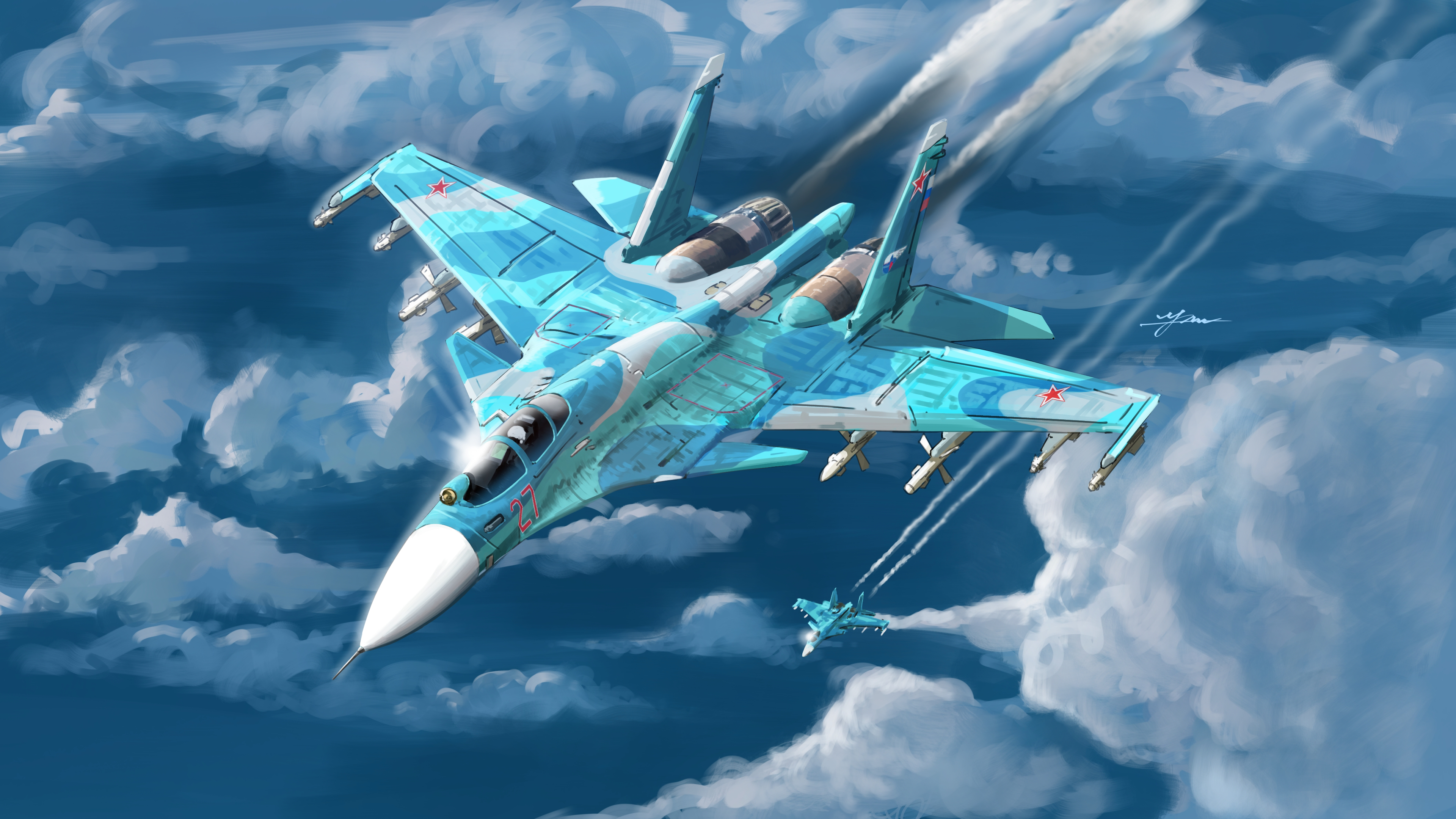 kudryavka trop, su-33, original, absurdres, commentary request, highres, 1other, air-to-air missile, aircraft, airplane, blue sky, canards, canopy (aircraft), cloud, contrail, fighter jet, flight suit, helmet, military, military vehicle, missile, outdoors, pilot, pilot helmet, r-27 vympel, r-73 vympel, roundel, russian air force, russian flag, signature, sky, smoke, star (symbol), vehicle focus