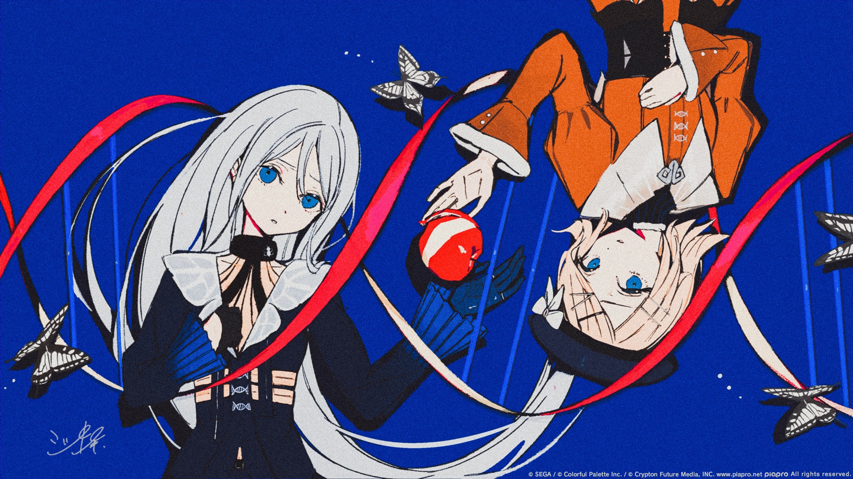 mitsubachi (roundbee), 25-ji rin, kagamine rin, yoisaki kanade, project sekai, vocaloid, commentary request, highres, official art, second-party source, 2girls, apple, beret, black jacket, black shirt, blonde hair, blue background, blue eyes, blue gloves, bow, bug, butterfly, collarbone, copyright notice, dna, double helix, dress, food, fruit, fur collar, gloves, guest art, hair between eyes, hair ornament, hairclip, half gloves, hat, hat bow, insect, jacket, lapels, long hair, long sleeves, looking at viewer, multiple girls, official alternate costume, orange dress, parted lips, rotational symmetry, shirt, short hair, sidelocks, signature, sleeveless, sleeveless shirt, two-tone shirt, unreliable notes (project sekai), upper body, very long hair, white hair, wide sleeves, yellow shirt