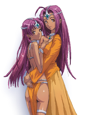 matsudo aya, kisaragi chihaya, manya (dq4), minea (dq4), miura azusa, chunsoft, dragon quest, dragon quest iv, enix, idolmaster, idolmaster (classic), lowres, 2girls, circlet, collar, cosplay, dark-skinned female, dark skin, dress, hat, hug, incest, lots of jewelry, manya (cosplay), minea (cosplay), multiple girls, pelvic curtain, purple eyes, purple hair, siblings, sisters, thigh strap, tiara, yellow dress, yuri