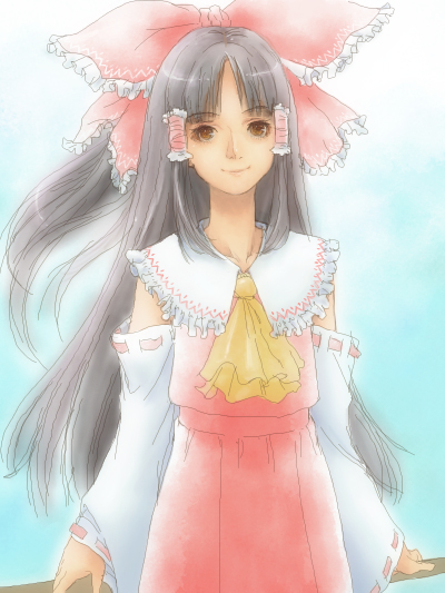 matsudo aya, hakurei reimu, touhou, bad id, bad pixiv id, 1girl, ascot, black hair, bow, brown eyes, collar, cowboy shot, detached sleeves, dress, female focus, frills, hair bow, hair tubes, japanese clothes, long hair, long sleeves, looking at viewer, miko, red bow, red dress, ribbon-trimmed sleeves, ribbon trim, sidelocks, smile, solo, very long hair