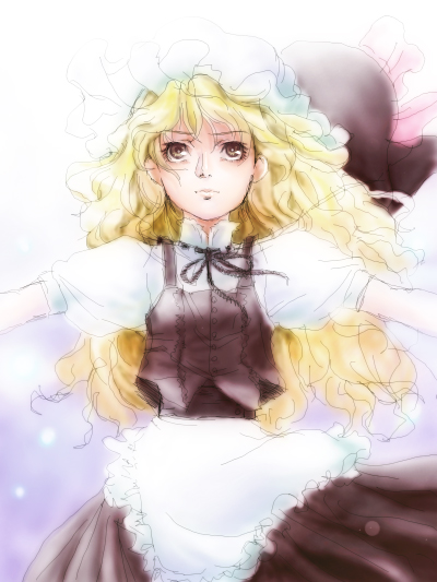 matsudo aya, kirisame marisa, touhou, eyebrows, bad id, bad pixiv id, 1girl, apron, black hat, black ribbon, black skirt, black vest, blonde hair, bow, closed mouth, embellished costume, female focus, frilled apron, frills, hat, hat bow, hat ribbon, long hair, looking up, mob cap, neck ribbon, outstretched arms, purple background, ribbon, shirt, skirt, solo, spread arms, unworn hat, unworn headwear, upper body, vest, waist apron, wavy hair, white apron, white hat, white shirt, wind, witch, witch hat, yellow eyes