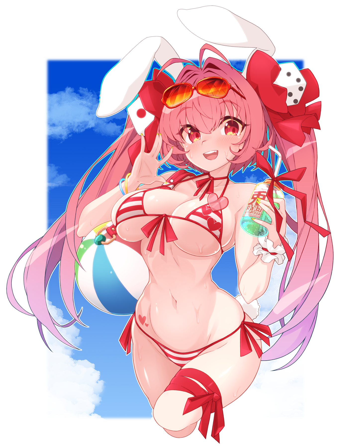 rikumaru, usada hikaru, di gi charat, highres, 1girl, :d, animal ears, antenna hair, ball, bare shoulders, beachball, bendy straw, bikini, blue sky, bottle, bow, breasts, cloud, cropped legs, day, dice hair ornament, drinking straw, eyewear on head, groin, hair between eyes, hair bow, hair intakes, hair ornament, hands up, holding, holding bottle, large breasts, long hair, looking at viewer, navel, open mouth, pink hair, rabbit ears, red-tinted eyewear, red bow, red eyes, sky, smile, solo, striped bikini, striped clothes, sunglasses, sweat, swimsuit, tinted eyewear, twintails, very long hair