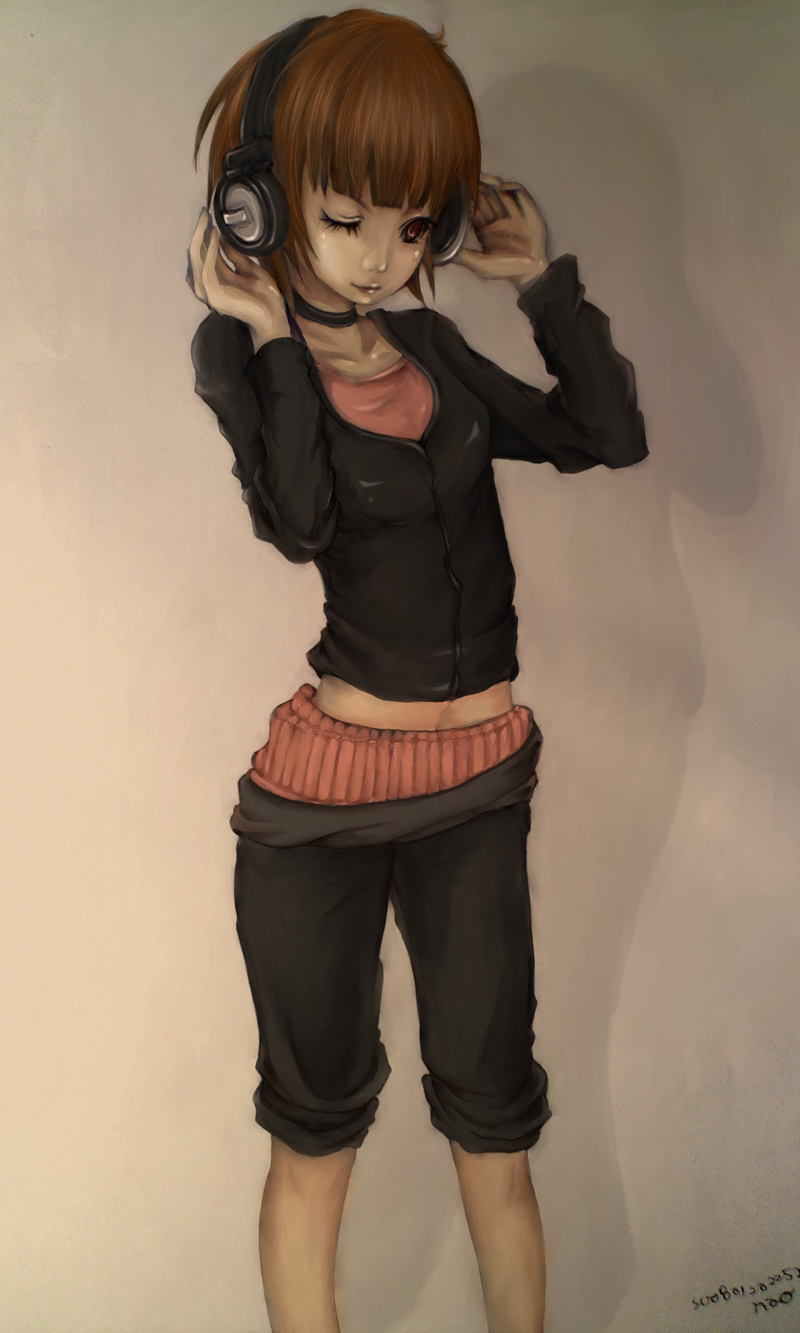 sheepme, original, bad id, bad pixiv id, highres, brown eyes, brown hair, headphones, midriff, one eye closed, pants, short hair, solo, wink