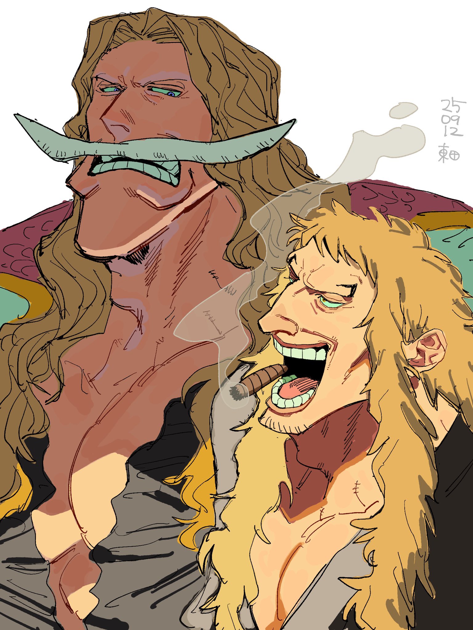 higashida 623, edward newgate, kinjishi no shiki, one piece, highres, 2boys, adam's apple, annoyed, black shirt, blonde hair, cigar, coat, curly eyebrows, facial hair, long hair, long mustache, male focus, messy hair, multiple boys, mustache, pectoral cleavage, pectorals, shirt, simple background, smoke, smoke trail, smoking, stubble, teeth, upper body, wavy hair, white background