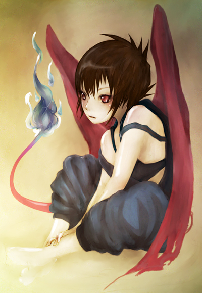 sheepme, original, bad id, bad pixiv id, barefoot, brown hair, fire, flame-tipped tail, red eyes, short hair, sitting, solo, tail, wings