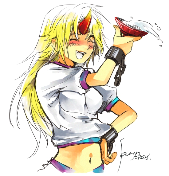 ssz, szuinyo, hoshiguma yuugi, touhou, bad id, bad pixiv id, 1girl, blonde hair, closed eyes, cuffs, cup, drunk, fang, female focus, holding, horns, long hair, midriff, oni, open mouth, sakazuki, shackles, short sleeves, single horn, solo, white background