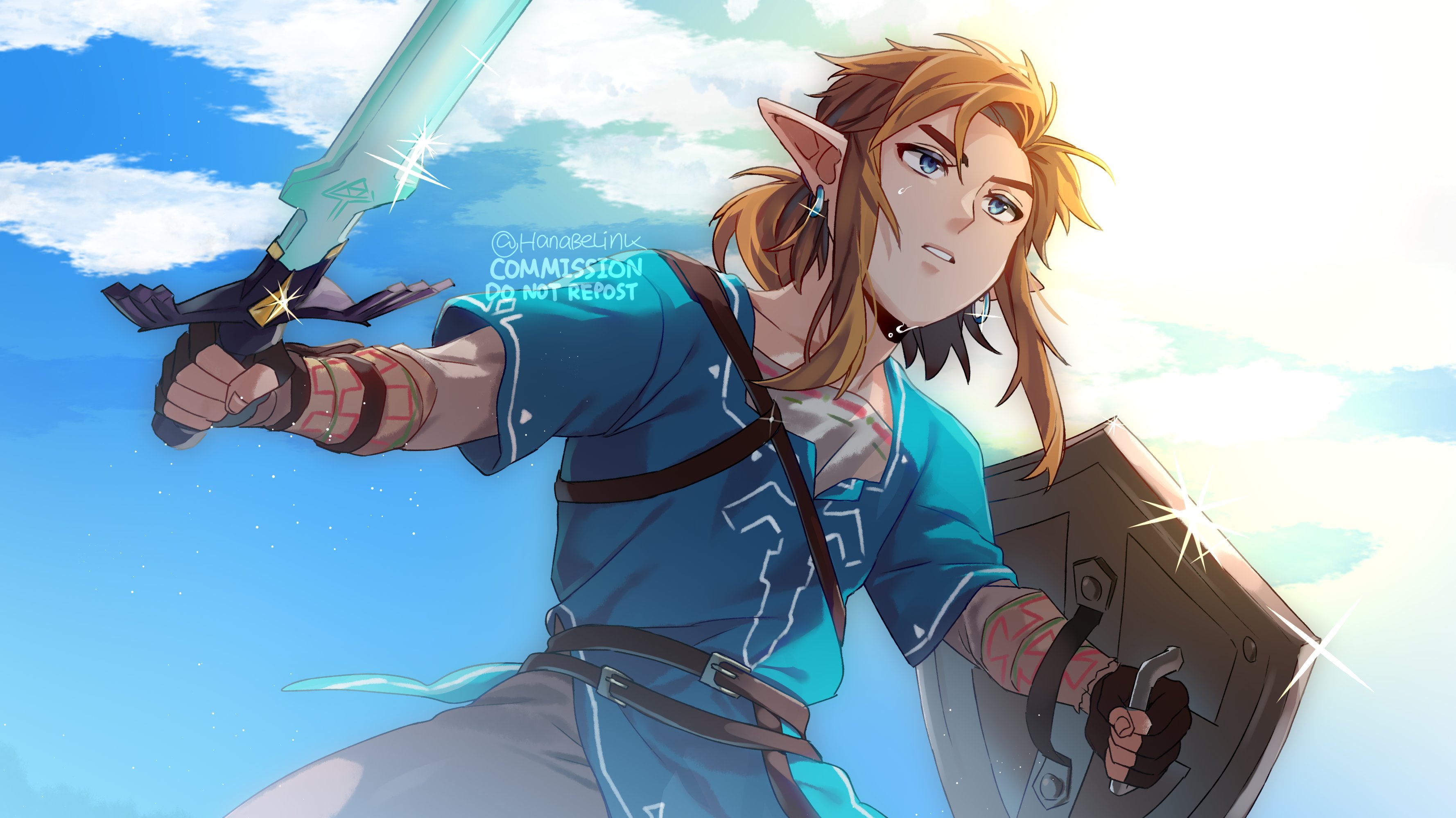 hanaberin, link, nintendo, the legend of zelda, the legend of zelda: breath of the wild, absurdres, commission, highres, 1boy, aqua tunic, black gloves, blonde hair, blue eyes, blue sky, earrings, fighting stance, fingerless gloves, gloves, grey pants, holding, holding shield, holding sword, holding weapon, jewelry, low ponytail, male focus, master sword, medium hair, pants, parted bangs, parted lips, pointy ears, ponytail, shield, shirt, sidelocks, sky, solo, sparkle, sword, tunic, twitter username, upper body, vambraces, weapon, white shirt