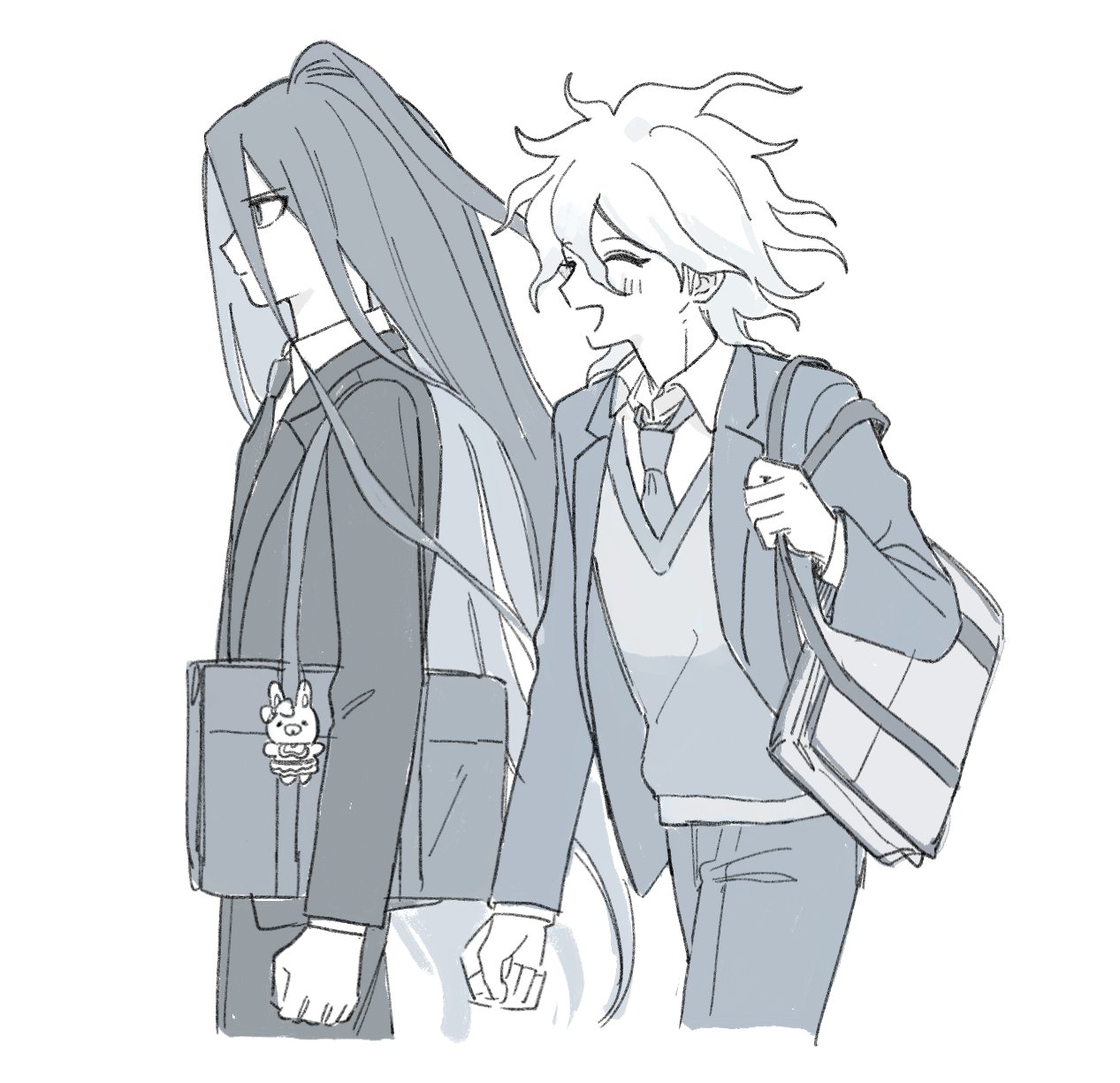 hatemadeimym, kamukura izuru, komaeda nagito, usami (danganronpa), danganronpa (series), danganronpa 3 (anime), commentary, highres, ^ ^, bag, bag charm, blush, character charm, charm (object), closed eyes, collared shirt, hair between eyes, hope's peak academy school uniform, jacket, lapels, long hair, long sleeves, medium hair, monochrome, necktie, notched lapels, open clothes, open jacket, open mouth, pants, school uniform, shirt, shoulder bag, simple background, smile, sweater vest, very long hair, wing collar