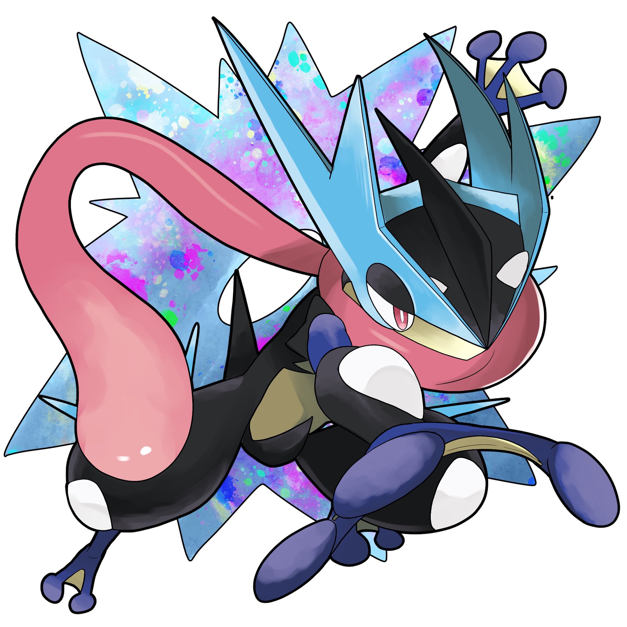 greninja, mega greninja, nintendo, pokemon, pokemon legends: z-a, commentary request, highres, covered mouth, full body, gen 6 pokemon, outstretched arms, pokemon (creature), pokemon focus, red eyes, scarf, shuriken, simple background, tongue, trianglehart, weapon, white background