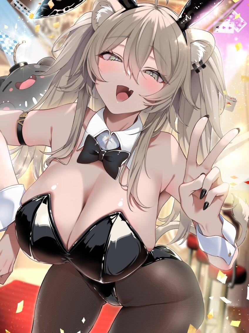 omoti (1201208), shishiro botan, ssrb (shishiro botan), hololive, highres, 1girl, :d, ahoge, animal ear hairband, animal ears, bare shoulders, bent over, black bow, black bowtie, black leotard, black nails, black pantyhose, blurry, blurry background, bow, bowtie, breasts, cleavage, covered navel, detached collar, double-parted bangs, fake animal ears, fang, grey eyes, grey hair, hair between eyes, hairband, highleg, highleg leotard, large breasts, leotard, lion ears, lion tail, long hair, long sidelocks, looking at viewer, messy hair, nail polish, open mouth, pantyhose, playboy bunny, rabbit ear hairband, rabbit ears, sidelocks, skin fang, smile, solo, strapless, strapless leotard, tail, two side up, virtual youtuber, white wrist cuffs, wrist cuffs, wrist cuffs1girl