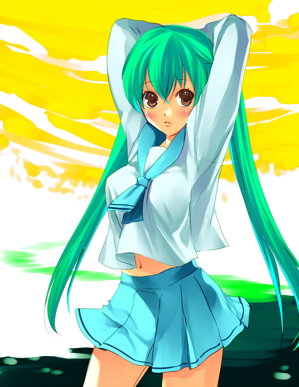 blue monday, mizuto umi (blue monday), 1girl, blush, brown eyes, female focus, green hair, long hair, midriff, school uniform, serafuku, solo, twintails