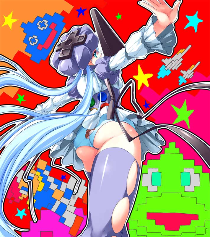 blue monday, mizuto umi (blue monday), 1girl, blue eyes, blue hair, d-pad, dress, female focus, from behind, long hair, looking back, matching hair/eyes, pixels, solo, thighhighs, two-tone dress
