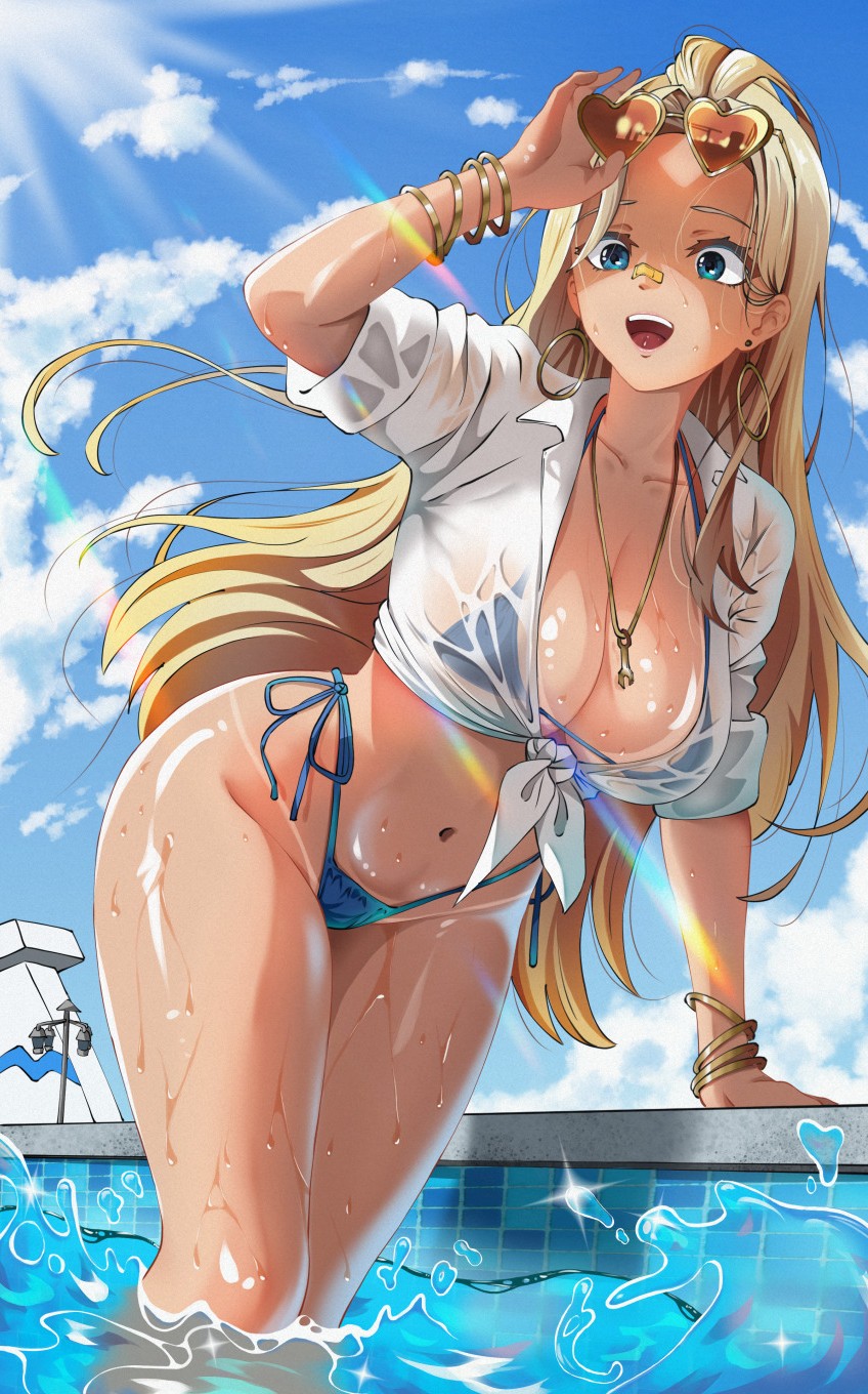 vraxtal, centi (nikke), centi (ocean repair) (nikke), goddess of victory: nikke, absurdres, commentary, highres, 1girl, arm support, arm up, bandaid, bandaid on face, bandaid on nose, bikini, blonde hair, blue bikini, blue eyes, blue sky, bracelet, breasts, cleavage, cloud, collarbone, day, earrings, eyewear on head, groin, heart, heart-shaped eyewear, high-waist bikini, hoop earrings, jewelry, large breasts, lens flare, long hair, navel, necklace, official alternate costume, open mouth, outdoors, pool, see-through clothes, shirt, sky, sleeves rolled up, solo, standing, stomach, sunglasses, sunlight, swimsuit, tan, tanline, teeth, tied shirt, upper teeth only, wading, water, wet, wet clothes, white shirt