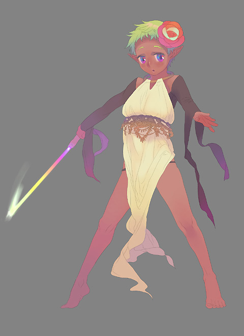yokariko, original, bad id, bad pixiv id, barefoot, dark-skinned female, dark skin, detached sleeves, dress, feet, green hair, hair ornament, short hair, solo, staff