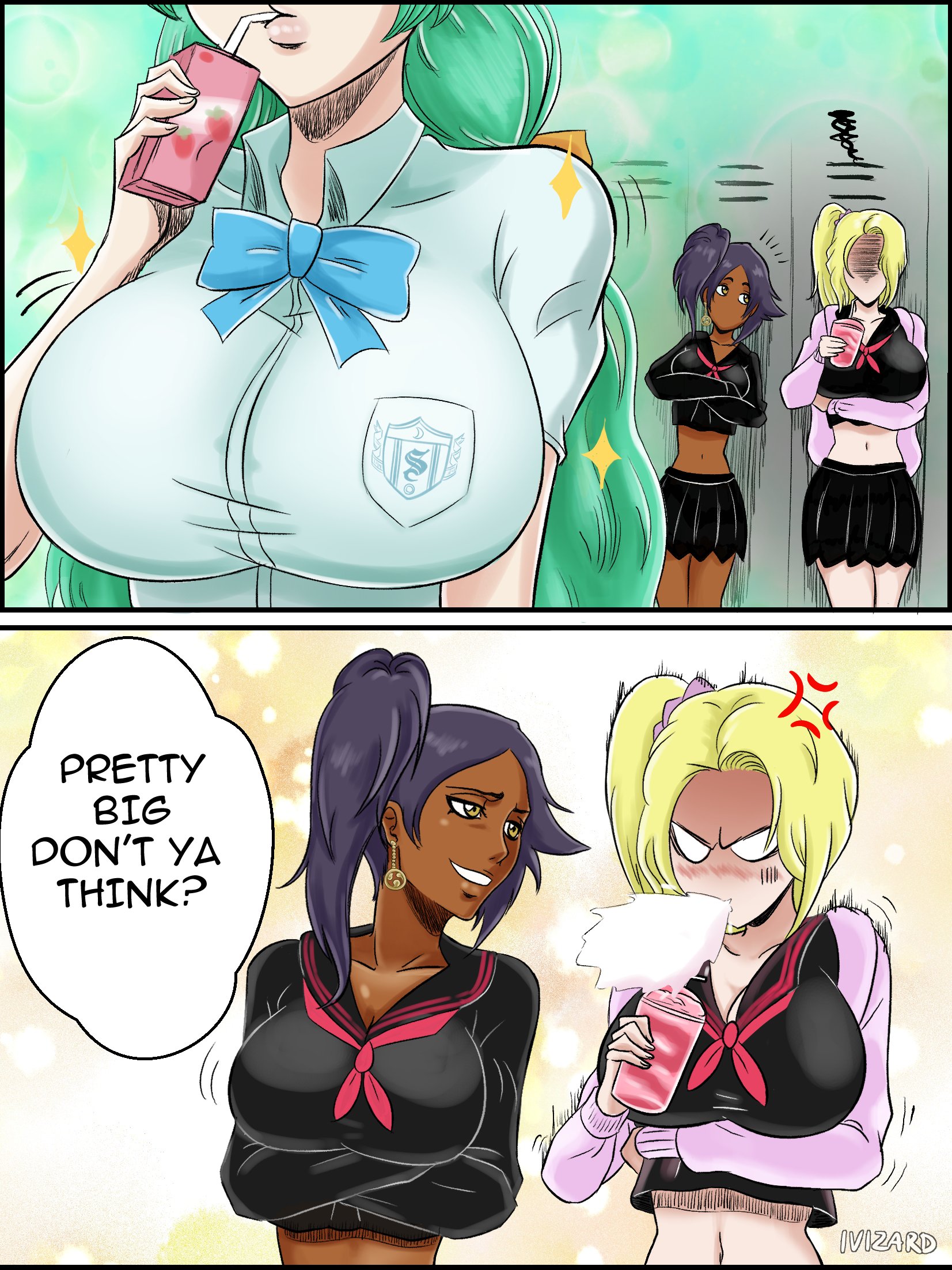 ivizard art93, matsumoto rangiku, nelliel tu odelschwanck, shihouin yoruichi, bleach, bleach: sennen kessen-hen, highres, 2koma, 3girls, anger vein, artist name, blonde hair, bow, bowtie, breast envy, breasts, collarbone, comic, crossed arms, dark-skinned female, dark skin, drinking, earrings, english text, espada, green hair, gyaru, hair ornament, jewelry, large breasts, locker, long hair, milkshake, multiple girls, official alternate costume, ponytail, purple hair, school uniform, side ponytail, speech bubble, strawberry milk, yellow eyes