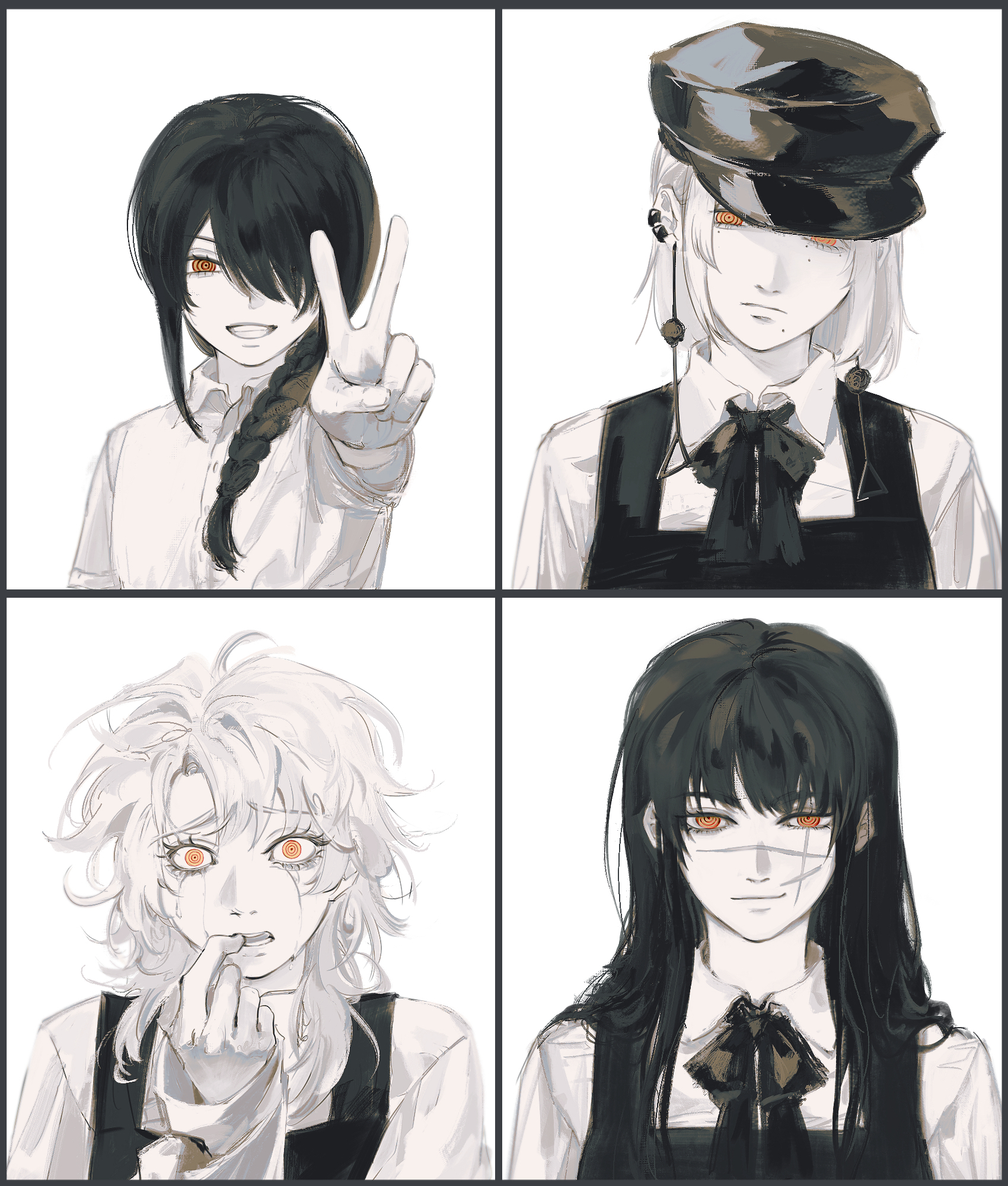 fami (chainsaw man), famine devil (chainsaw man), nayuta (chainsaw man), yoru (chainsaw man), chainsaw man, highres, 4girls, biting own finger, black dress, black hair, braid, braided ponytail, closed mouth, collared shirt, crying, crying with eyes open, dress, earrings, facial scar, fourth east high school uniform, grey hair, gulljang, hair over one eye, hair over shoulder, hat, jewelry, long hair, medium hair, messy hair, mole, mole under eye, mole under mouth, multiple girls, peaked cap, pinafore dress, ringed eyes, scar, scar on cheek, scar on face, scar on nose, school uniform, shirt, sleeveless, sleeveless dress, tears, white shirt, yellow eyes