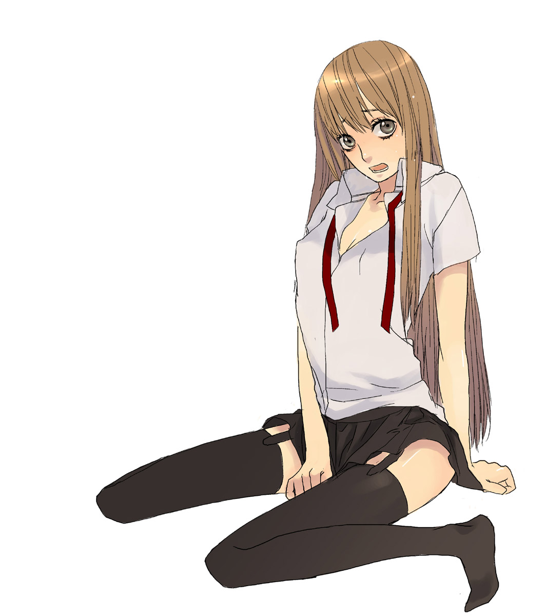 konno haru, bad id, bad pixiv id, highres, brown hair, garter belt, kneeling, long hair, skirt, solo, thighhighs