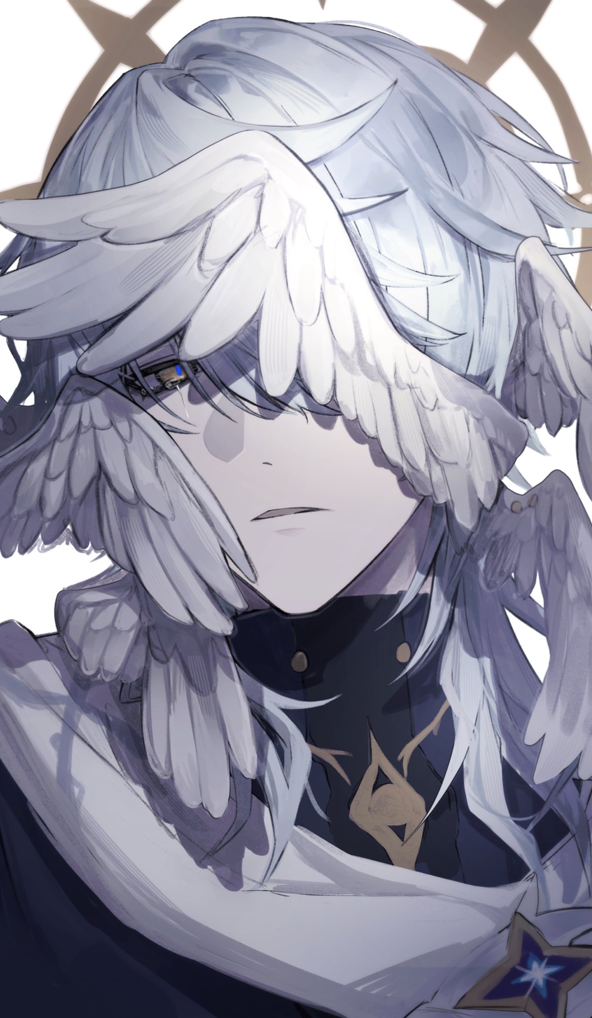 sunday (honkai: star rail), honkai: star rail, honkai (series), commentary, hashtag-only commentary, highres, 1boy, black shirt, cape, dot nose, eyelashes, feathered wings, halo, halo behind head, head wings, icestar 9, looking to the side, male focus, medium hair, one eye covered, parted lips, portrait, shirt, sideways glance, simple background, solo, spiked halo, white background, white cape, white hair, white wings, wings, yellow eyes