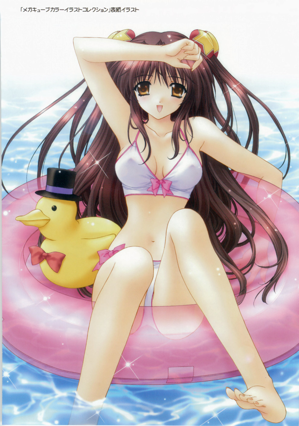 kimizuka aoi, highres, armpits, barefoot, bikini, bow, brown eyes, brown hair, feet, hair ornament, rubber duck, solo, swimsuit