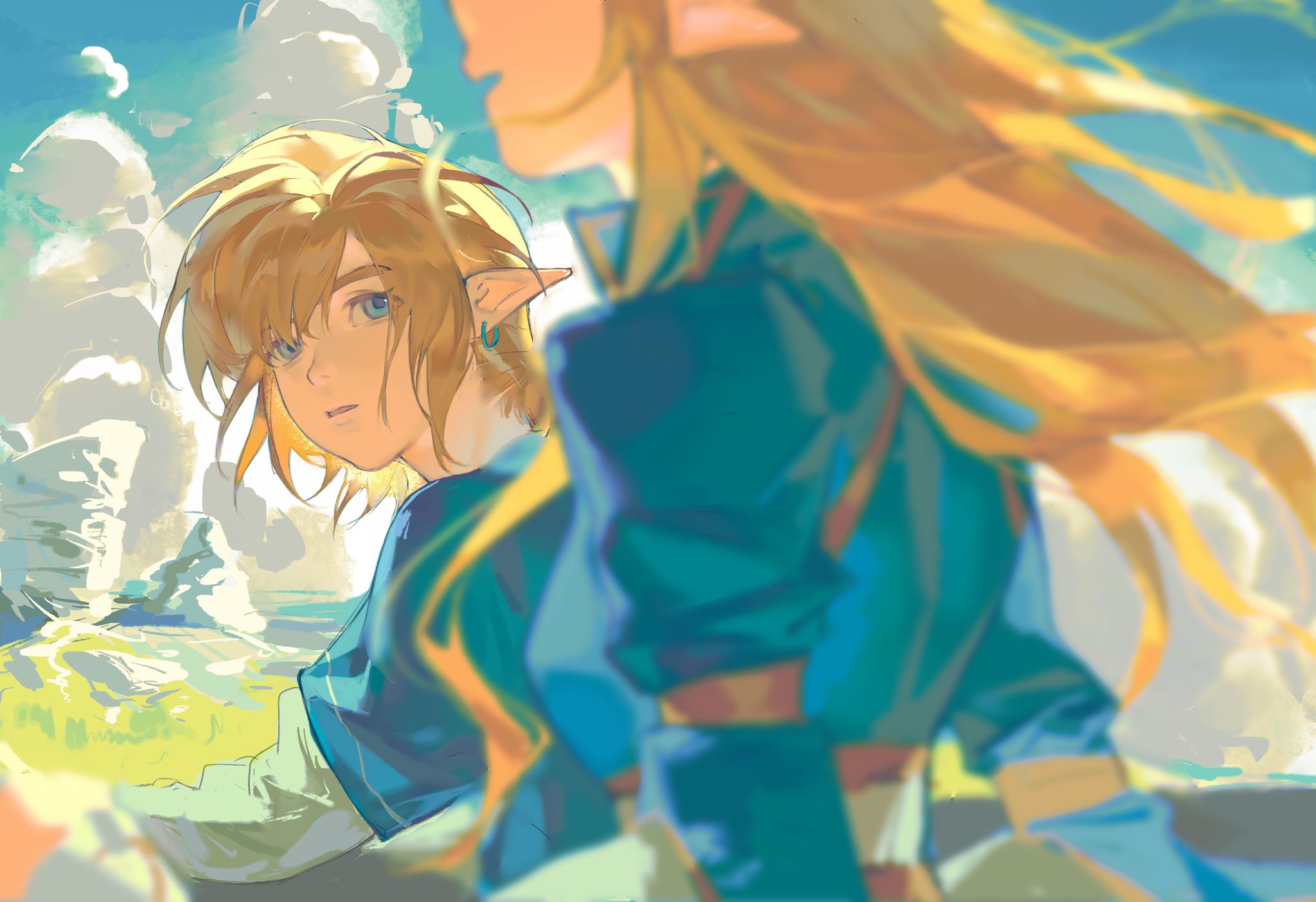 link, princess zelda, nintendo, the legend of zelda, the legend of zelda: breath of the wild, highres, 1boy, 1girl, aqua shirt, aqua tunic, blurry, blurry foreground, breasts, earrings, gold trim, hair between eyes, jewelry, long hair, looking at another, medium breasts, outdoors, parted lips, pointy ears, shiabb yu, shirt, short hair, sitting, tunic, upper body