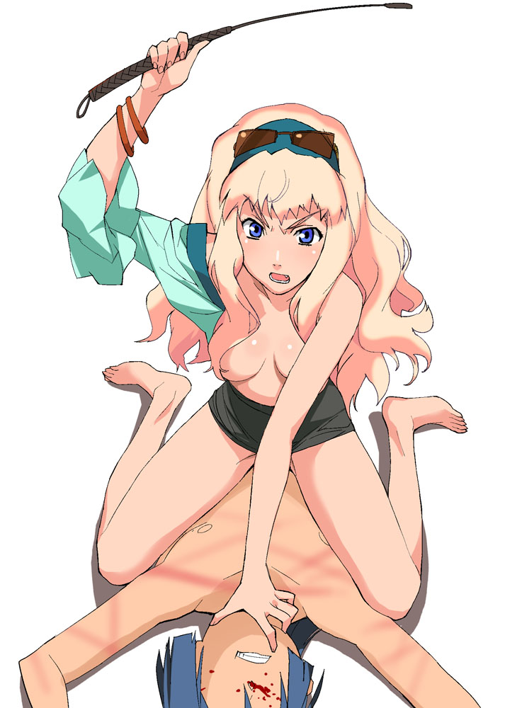 a1 (initial-g), hiraga saito, louise francoise le blanc de la valliere, saotome alto, sheryl nome, macross, macross frontier, zero no tsukaima, 1boy, 1girl, angry, barefoot, blood, blue eyes, feet, femdom, girl on top, long hair, nosebleed, parody, pink hair, reverse ryona, riding crop, straddling, sunglasses, sunglasses on head, topless female, whip, whipping