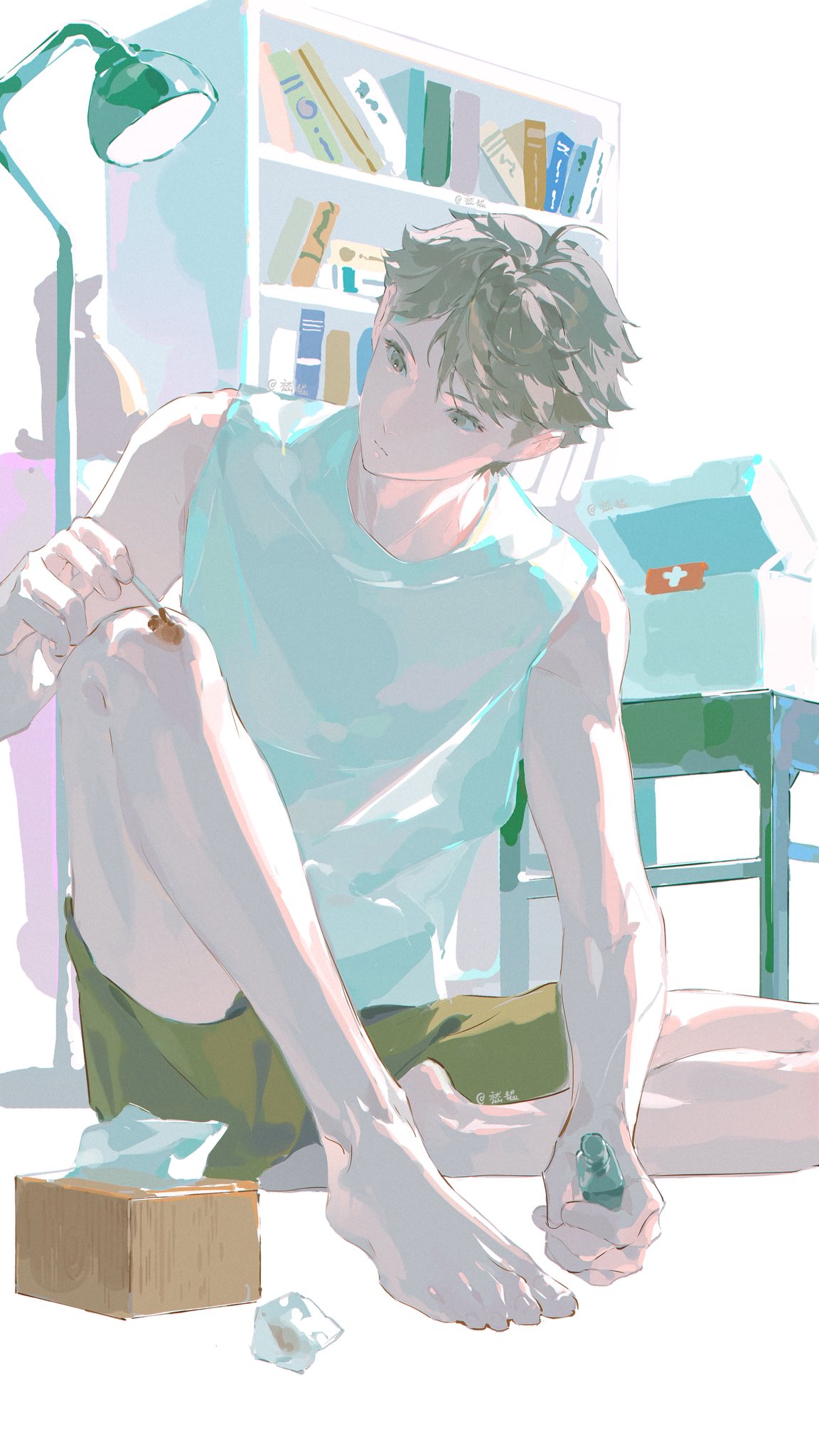 oikawa tooru (haikyuu!!), haikyuu!!, highres, 1boy, aqua shirt, barefoot, blood, bookshelf, brown eyes, brown hair, closed mouth, first aid kit, green shorts, holding, knee up, male focus, on floor, shirt, short hair, shorts, sitting, sleeveless, solo, toes, xiejiyun