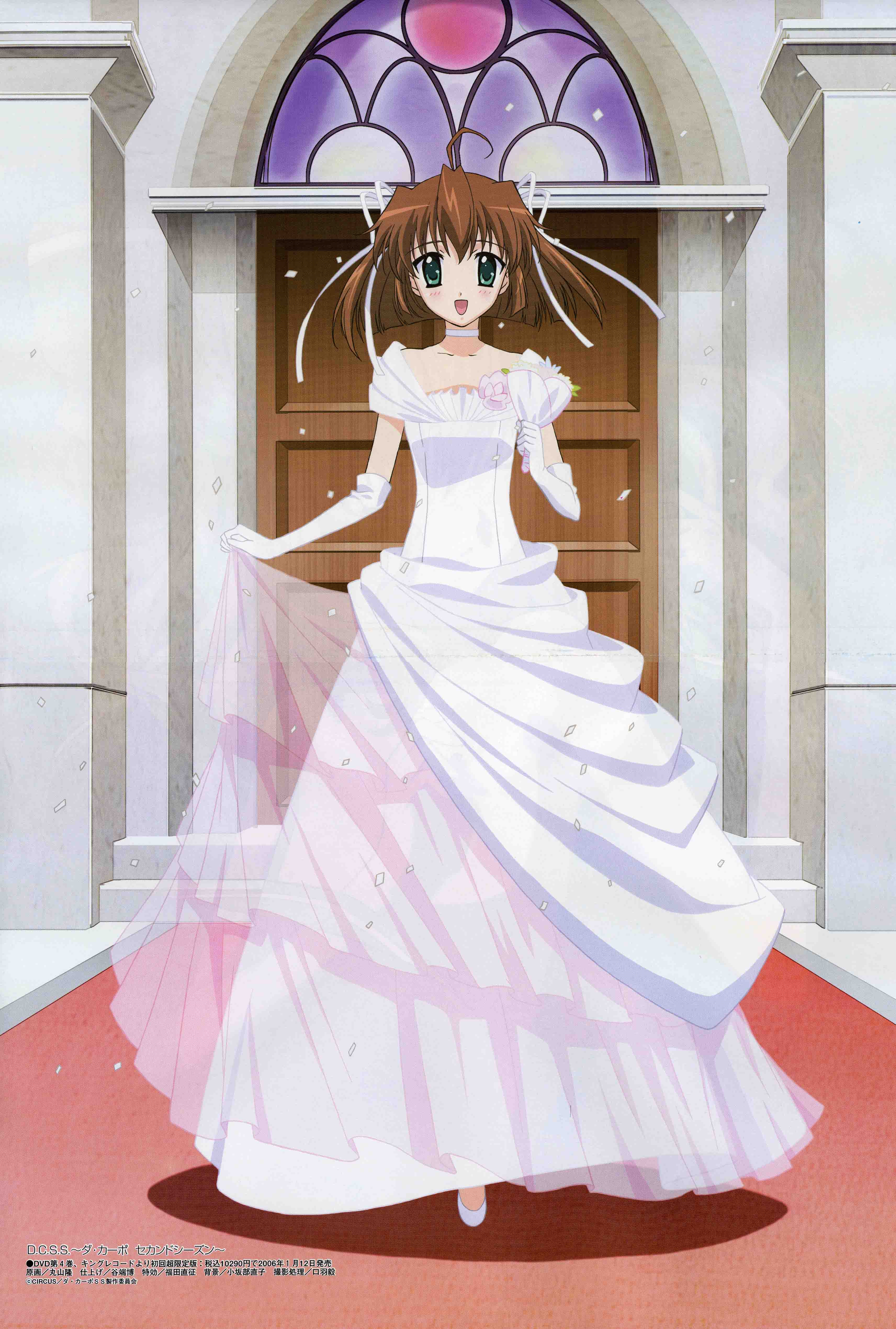 asakura nemu, da capo, da capo i, absurdres, highres, 00s, 1girl, bouquet, bride, brown hair, choker, dress, elbow gloves, female focus, flower, gloves, green eyes, hair ribbon, ribbon, solo, wedding dress