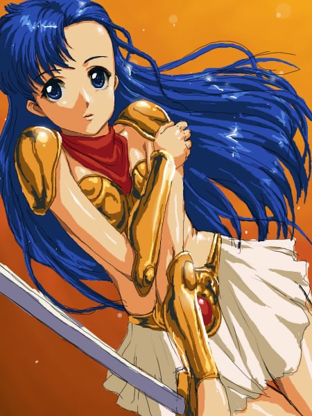 matsudo aya, asou yuuko, mugen senshi valis, telenet japan, valis, 1girl, armor, blue eyes, blue hair, dutch angle, female focus, long hair, looking at viewer, matching hair/eyes, microskirt, midriff, miniskirt, neckerchief, orange background, scarf, skirt, solo, sword, valis sword, very long hair, weapon