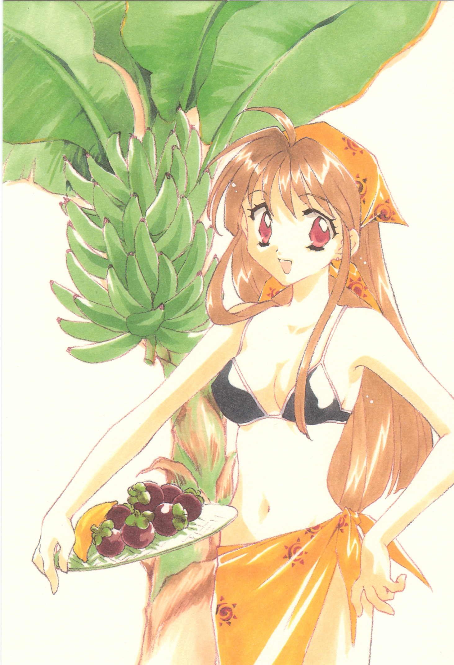 kadoi aya, highres, 1girl, banana, bandana, bikini, bikini top only, black bikini, breasts, brown hair, female focus, food, fruit, red eyes, sarong, solo, swimsuit