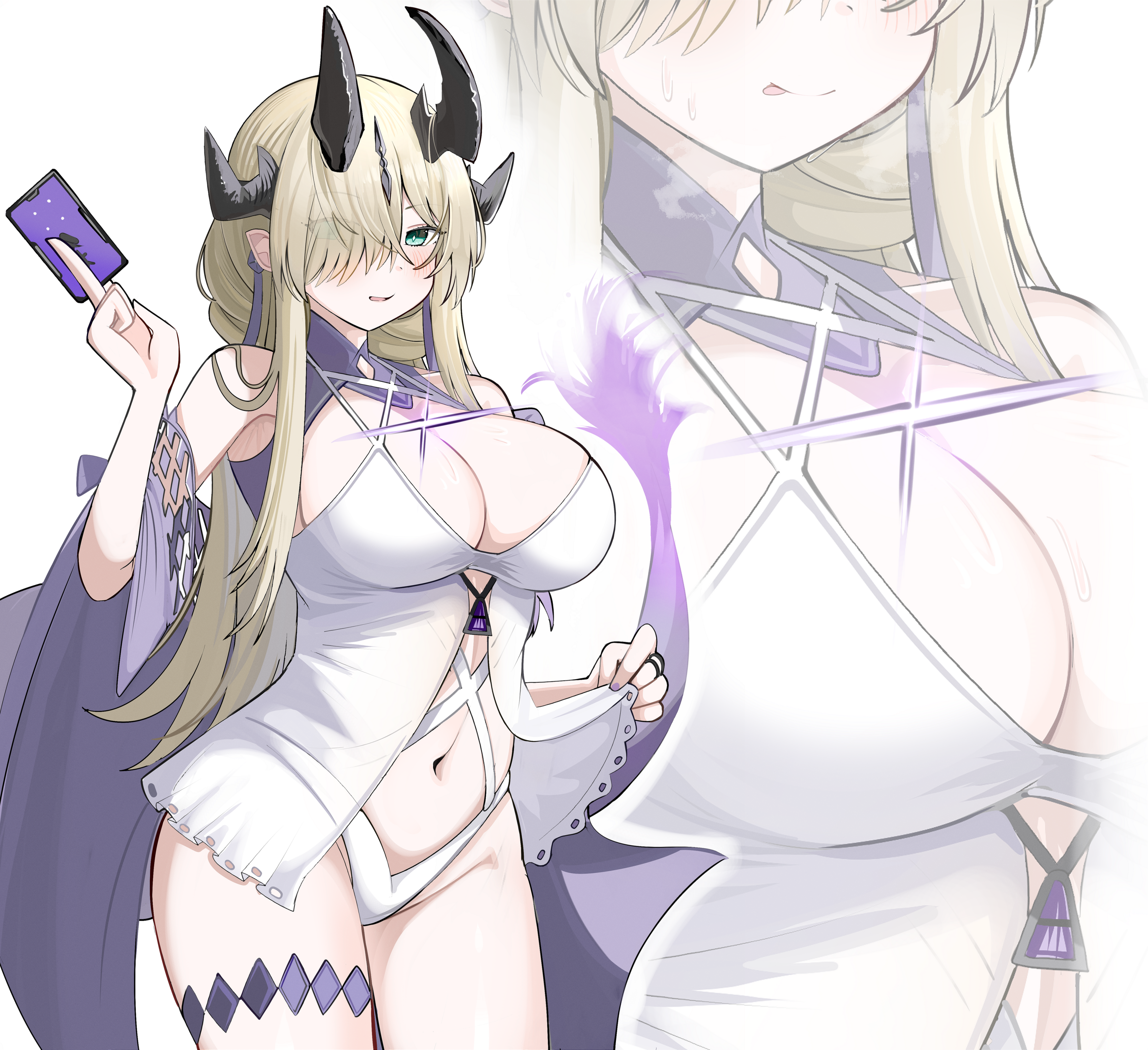 spam (spamham4506), necrass (arknights), arknights, absurdres, highres, 1girl, :p, bare shoulders, between fingers, blush, breasts, brown hair, cleavage, closed mouth, dress, eyes visible through hair, green eyes, groin, hair over one eye, hand up, holding, horns, large breasts, long hair, multiple views, navel, parted lips, simple background, smile, tail, tongue, tongue out, very long hair, white background, white dress, zoom layer