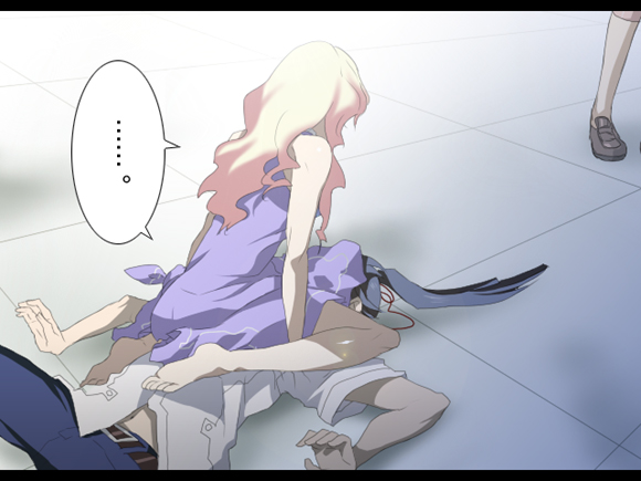saotome alto, sheryl nome, macross, macross frontier, artist request, 00s, 1boy, 1girl, barefoot, belt, blonde hair, blue hair, dress, feet, girl on top, legs, letterboxed, long hair, lying, on back, pants, ponytail, sitting, sitting on person, upskirt