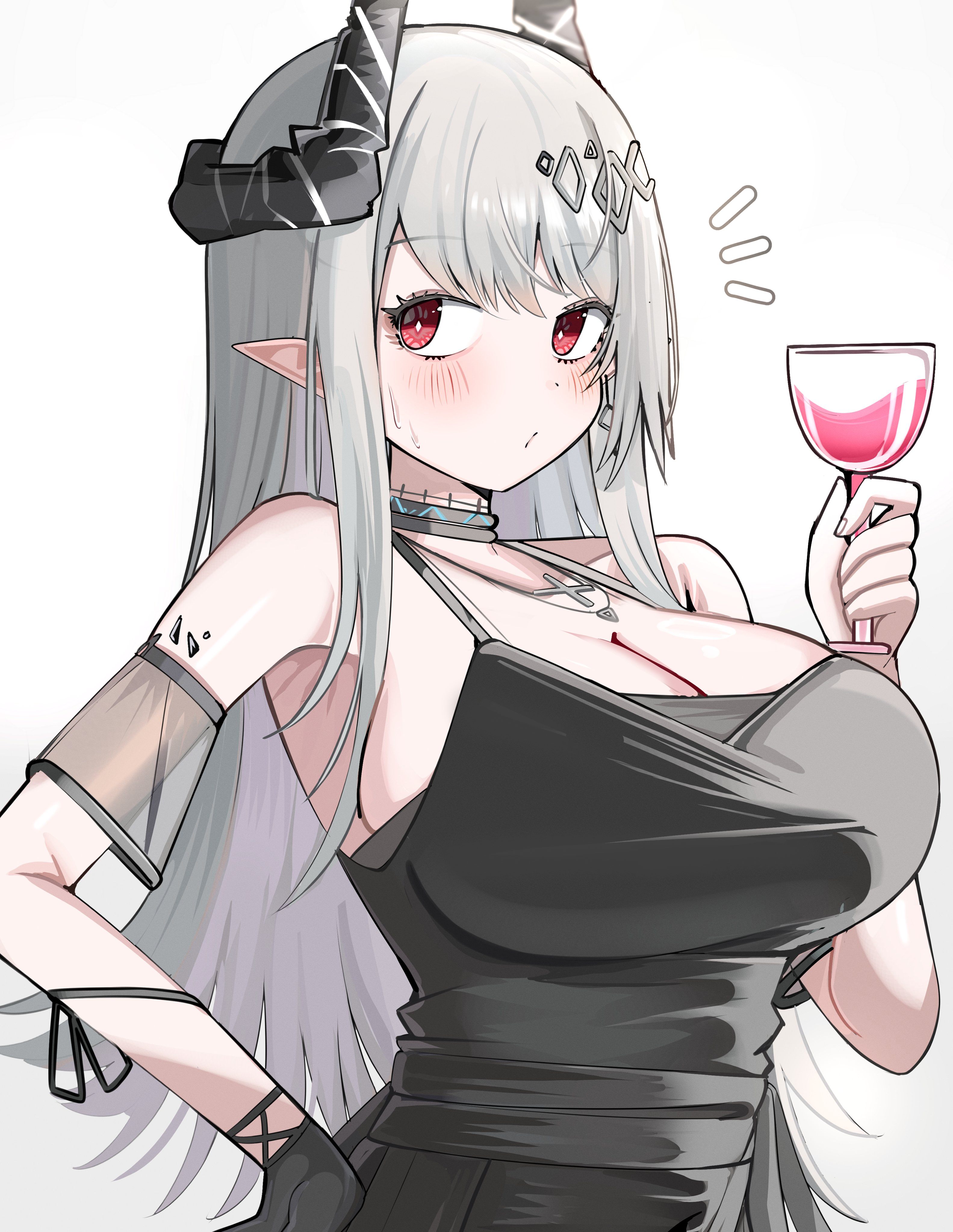 spam (spamham4506), mudrock (arknights), arknights, absurdres, highres, 1girl, black dress, black gloves, blush, breasts, cleavage, closed mouth, cup, dress, drinking glass, gloves, grey background, grey hair, hair ornament, hand on own hip, hand up, holding, holding cup, horns, large breasts, long hair, looking at viewer, pointy ears, red eyes, see-through clothes, see-through sleeves, simple background, single glove, solo, very long hair, wine glass