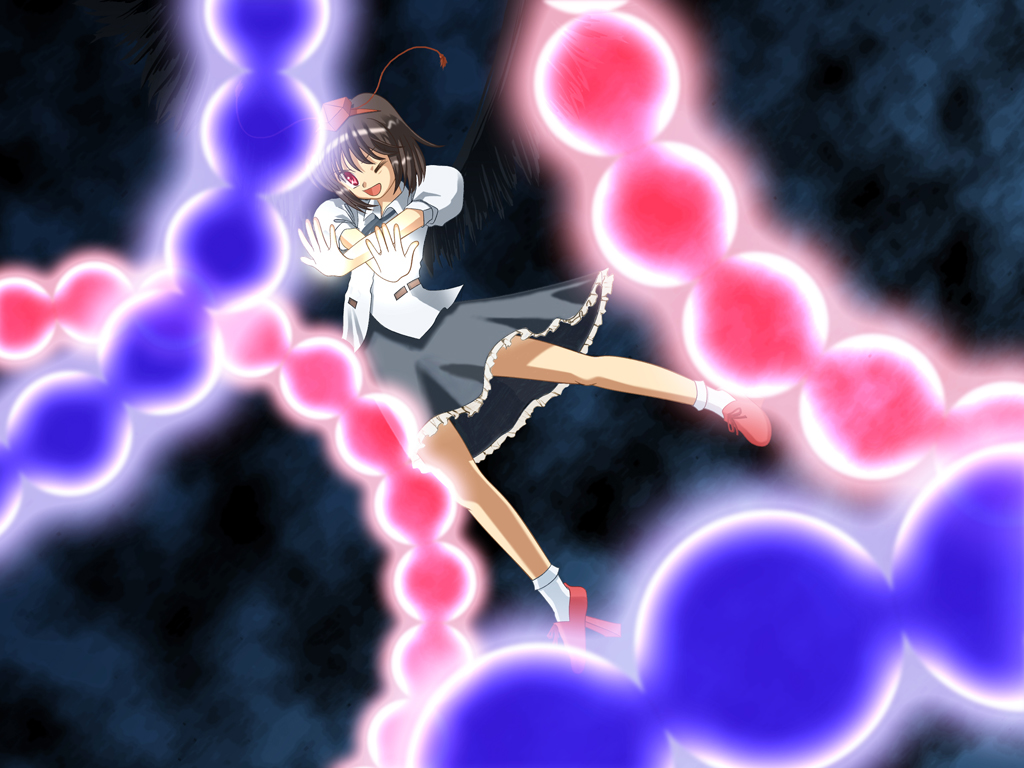 tsutan, shameimaru aya, touhou, 1girl, black hair, black wings, danmaku, female focus, geta, looking at viewer, one eye closed, open mouth, red eyes, short hair, solo, tengu-geta, wings, wink