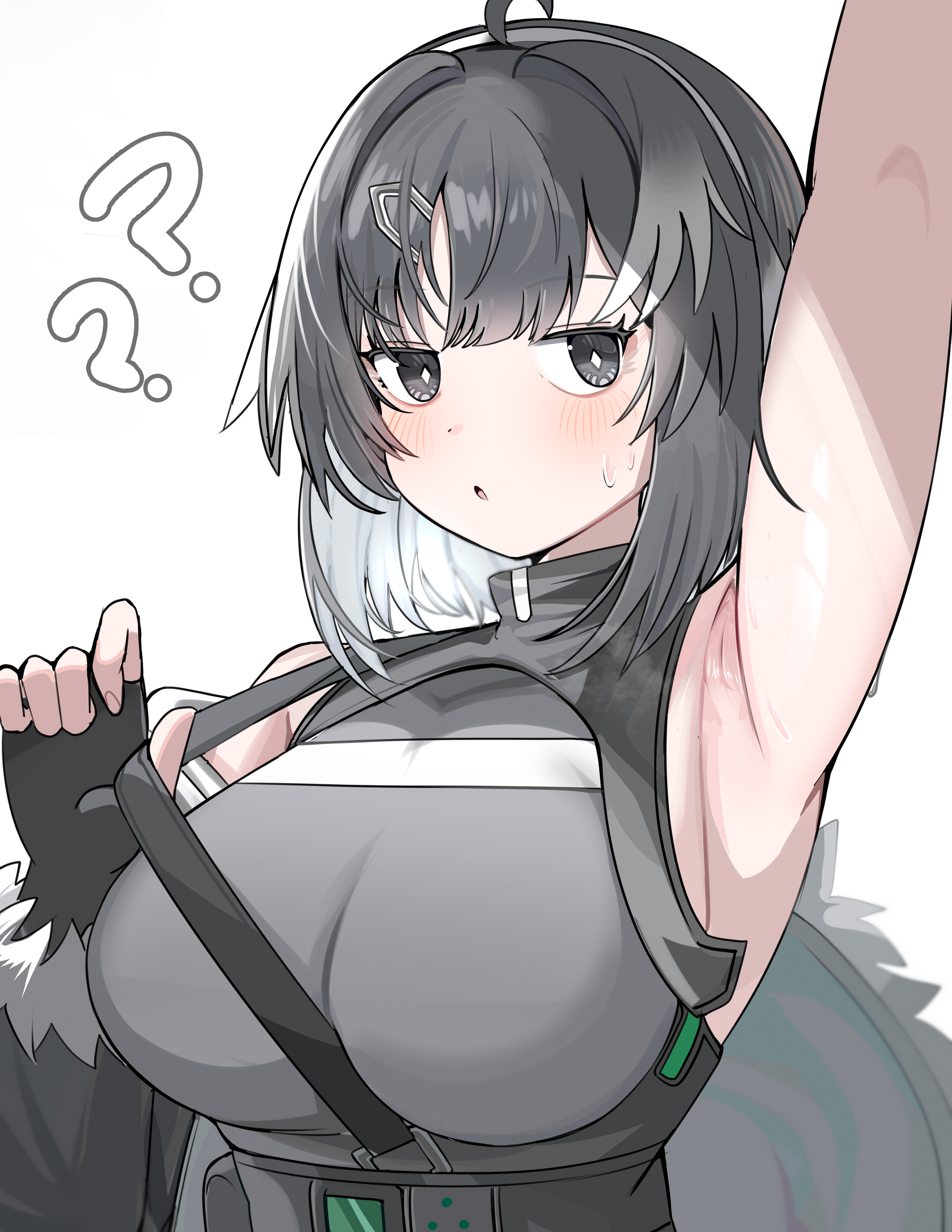 spam (spamham4506), la pluma (arknights), arknights, absurdres, highres, 1girl, ?, ahoge, arm up, armpits, black gloves, black hair, breasts, fingerless gloves, gloves, grey eyes, grey hair, grey shirt, hair intakes, hair ornament, hairband, hairclip, hand up, large breasts, long hair, looking at viewer, parted lips, shirt, simple background, solo, upper body, very long hair, white background, white hairband