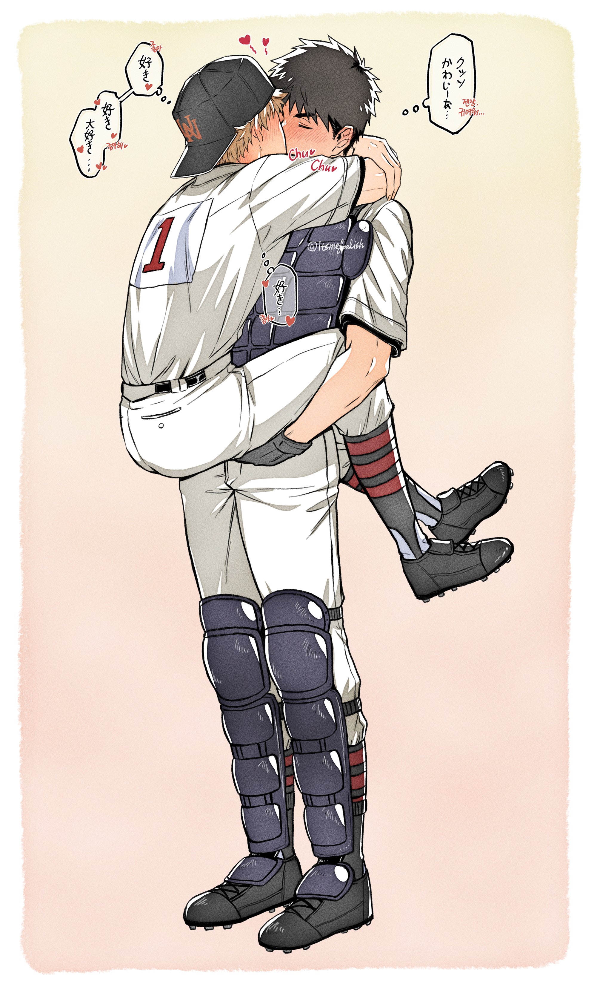 itsmefool, abe takaya, mihashi ren, ookiku furikabutte, absurdres, commentary request, highres, translation request, 2boys, backwards hat, baseball cap, baseball uniform, black gloves, black hair, black shoes, black socks, blonde hair, blush, carrying, carrying person, catcher (baseball), cleats, closed eyes, gloves, hat, heart, kiss, leg lock, male focus, multiple boys, pants, shirt, shirt tucked in, shoes, short sleeves, socks, speech bubble, sportswear, standing, white pants, white shirt, yaoi