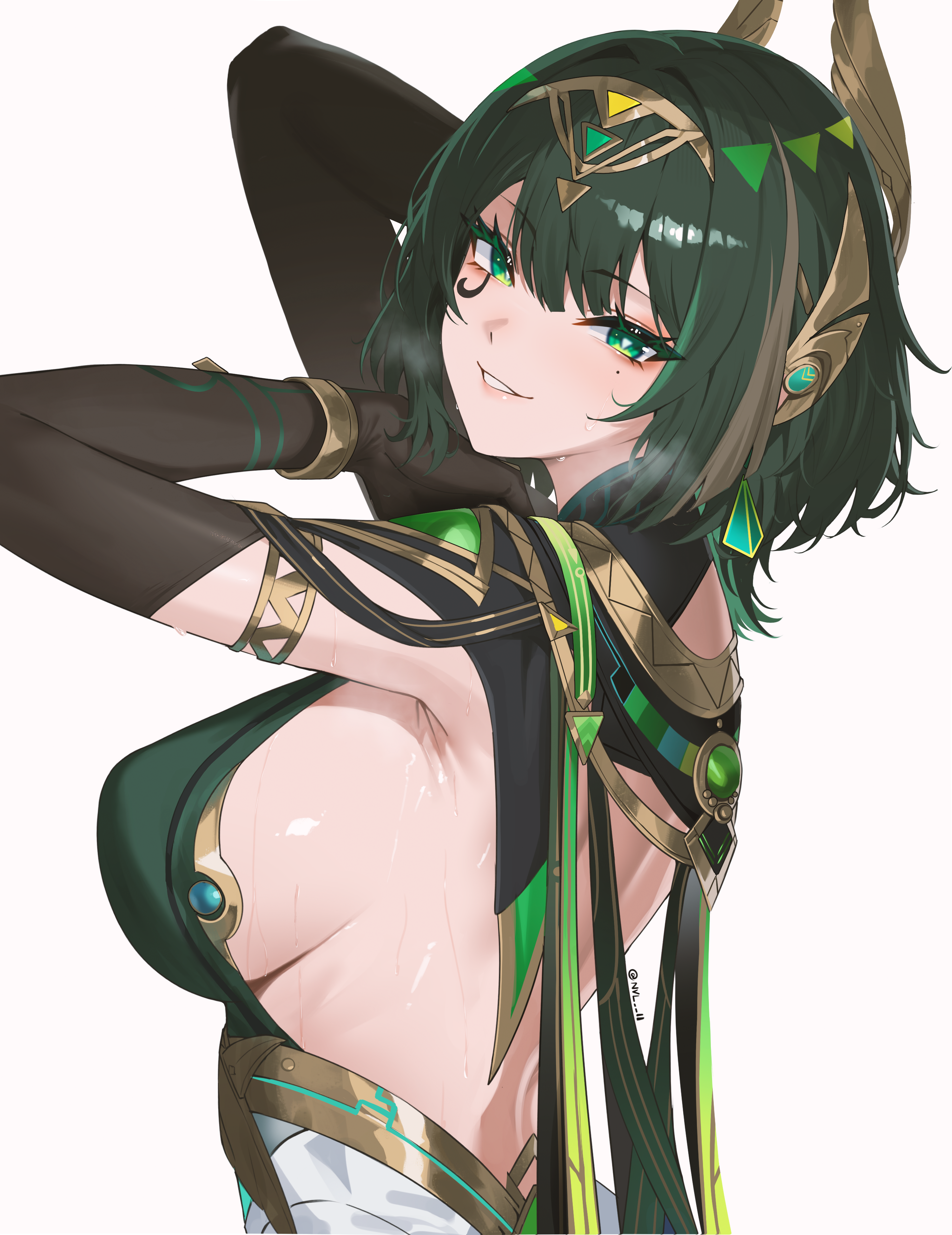 nvl, nefer (genshin impact), genshin impact, absurdres, commentary, highres, 1girl, armlet, armpit crease, arms up, black gloves, breasts, breath, elbow gloves, facial mark, from side, gloves, green eyes, green hair, headgear, jewelry, large breasts, looking at viewer, looking to the side, mark under eye, medium hair, mole, mole under eye, parted lips, sideboob, simple background, smile, solo, symbol-shaped pupils, triangle-shaped pupils, twitter username, upper body, white background