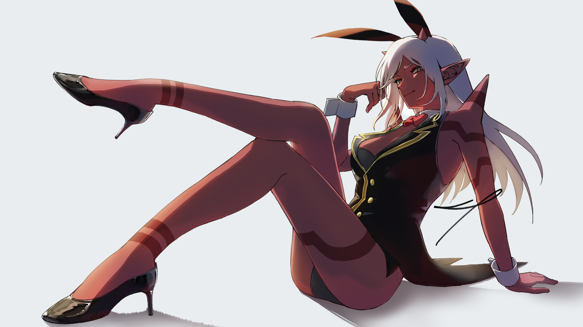 apio chama, ogre (dq10), dragon quest, dragon quest x, commentary request, highres, 1girl, animal ears, black leotard, black shoes, body markings, bow, bowtie, breasts, colored skin, crossed legs, detached collar, fake animal ears, grey eyes, high heels, horns, large breasts, leotard, long hair, looking at viewer, pointy ears, rabbit ears, red bow, red bowtie, red skin, shoes, shoulder spikes, signature, sitting, smile, solo, spikes, tailcoat, tailcoat playboy bunny, white background, white hair, wrist cuffs